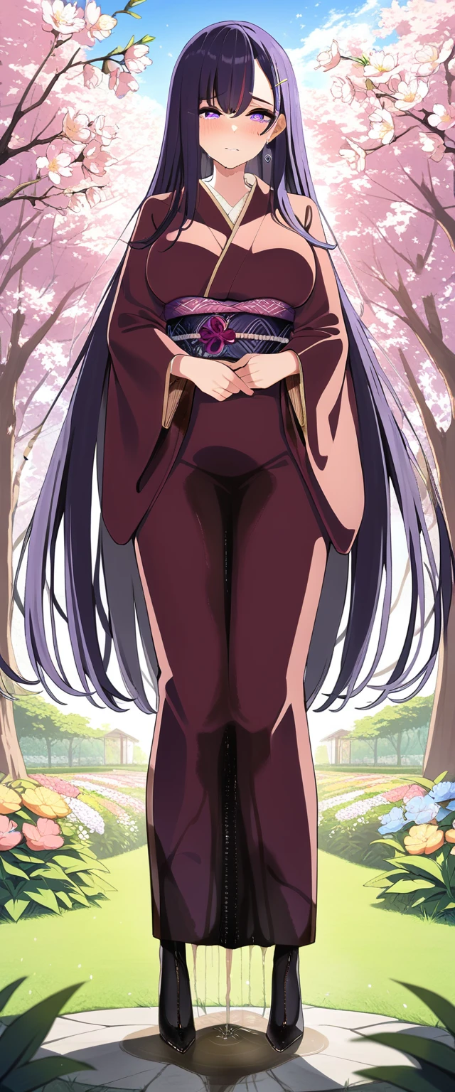 (masterpiece:1.37), best quality, (extremely detailed:1.37), (1girl:1.5), woman, (mature:1.5), (adult:1.5), large breasts, very long hair, (straight hair:1.5), (very dark purple hair:1.5), purple eyes, (extremely detailed eyes:1.37), (furisode:2.0), desperation, (wetting self:2.25), standing, embarrassed, humiliation, blushing, angry, cherry blossoms, garden, (golden hour:1.5), full body