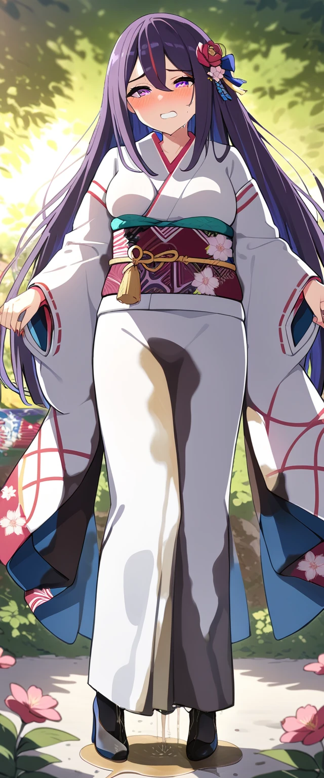 (masterpiece:1.37), best quality, (extremely detailed:1.37), (1girl:1.5), woman, (mature:1.5), (adult:1.5), large breasts, very long hair, (straight hair:1.5), (very dark purple hair:1.5), purple eyes, (extremely detailed eyes:1.37), (furisode:2.0), desperation, (wetting self:2.0), standing, embarrassed, humiliation, blushing, angry, cherry blossoms, garden, (golden hour:1.5), full body