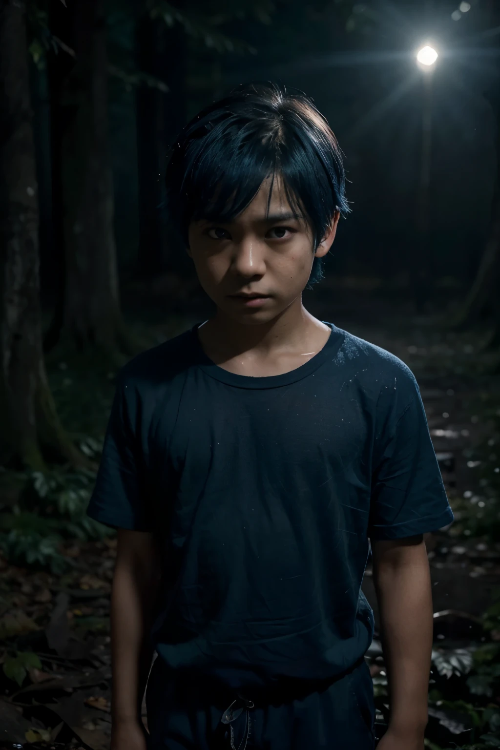 In the heart of a chilling dark fantasy, a petrified Asian boy with radiant blue hair is depicted, immersed in the ominous stillness of a foreboding forest at night. The boy, dressed in a frayed pair of shorts azules and a yellow shirt, clutches his chest as a chilling breeze rustles the leaves around him. A thick red karate ribbon adorns his forehead, a stark contrast to the eerie atmosphere that envelops him. This haunting scene is rendered in a realistic style reminiscent of 60's horror movies, the shadows and flickering light playing upon his frightened face, presenting an image that is both suspenseful and un
