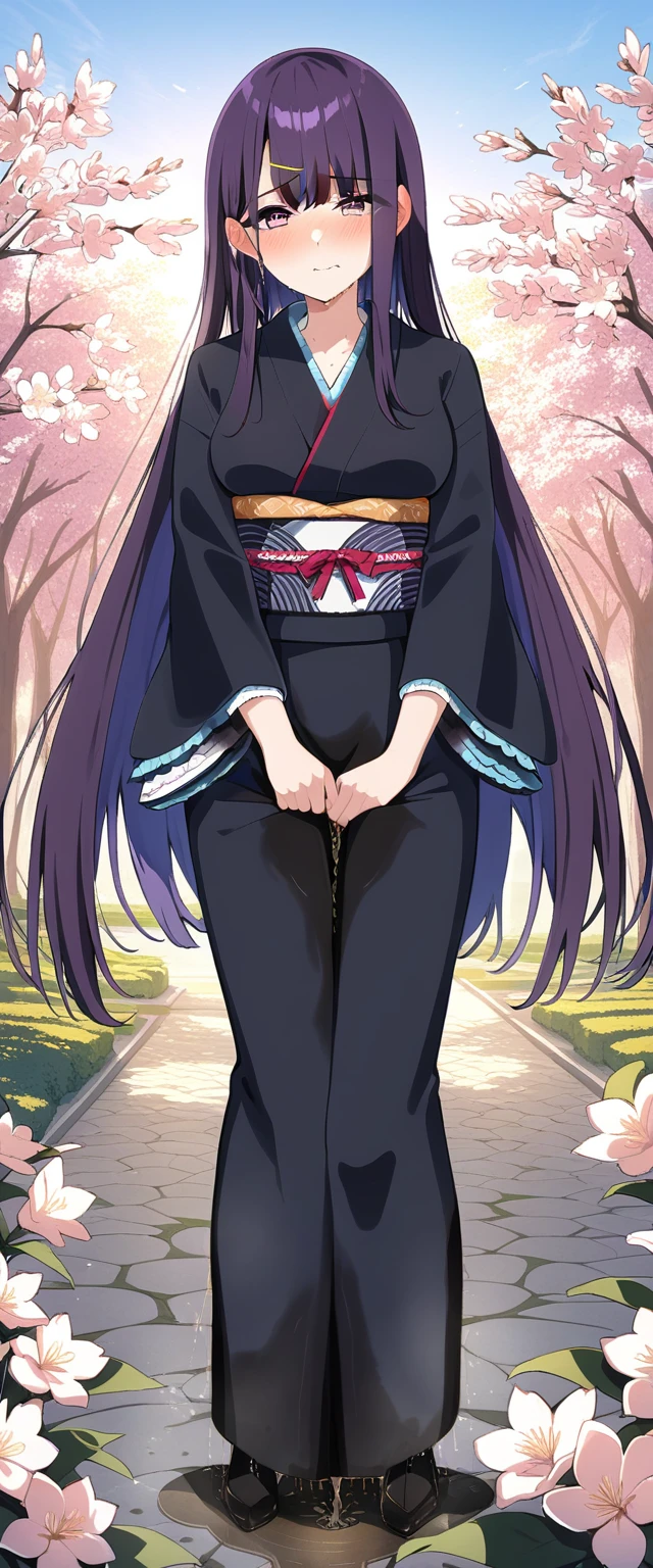 (masterpiece:1.37), best quality, (extremely detailed:1.37), (1girl:1.5), woman, (mature:1.5), (adult:1.5), large breasts, very long hair, (straight hair:1.5), (very dark purple hair:1.5), purple eyes, (extremely detailed eyes:1.37), (furisode:2.0), desperation, (wetting self:2.0), standing, embarrassed, humiliation, blushing, angry, cherry blossoms, garden, (golden hour:1.5), full body