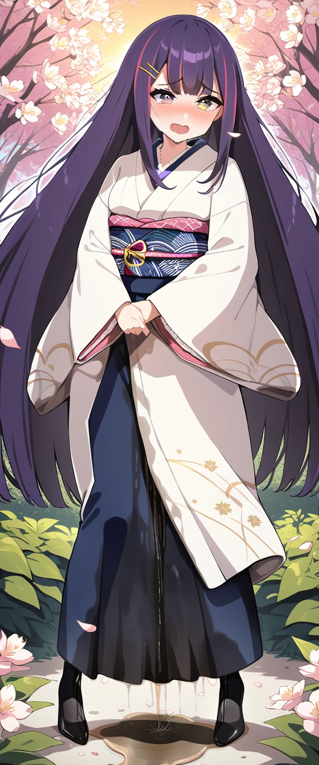 (masterpiece:1.37), best quality, (extremely detailed:1.37), (1girl:1.5), woman, (mature:1.5), (adult:1.5), large breasts, very long hair, (straight hair:1.5), (very dark purple hair:1.5), purple eyes, (extremely detailed eyes:1.37), (furisode:2.0), desperation, (wetting self:2.0), standing, embarrassed, humiliation, blushing, angry, cherry blossoms, garden, (golden hour:1.5), full body