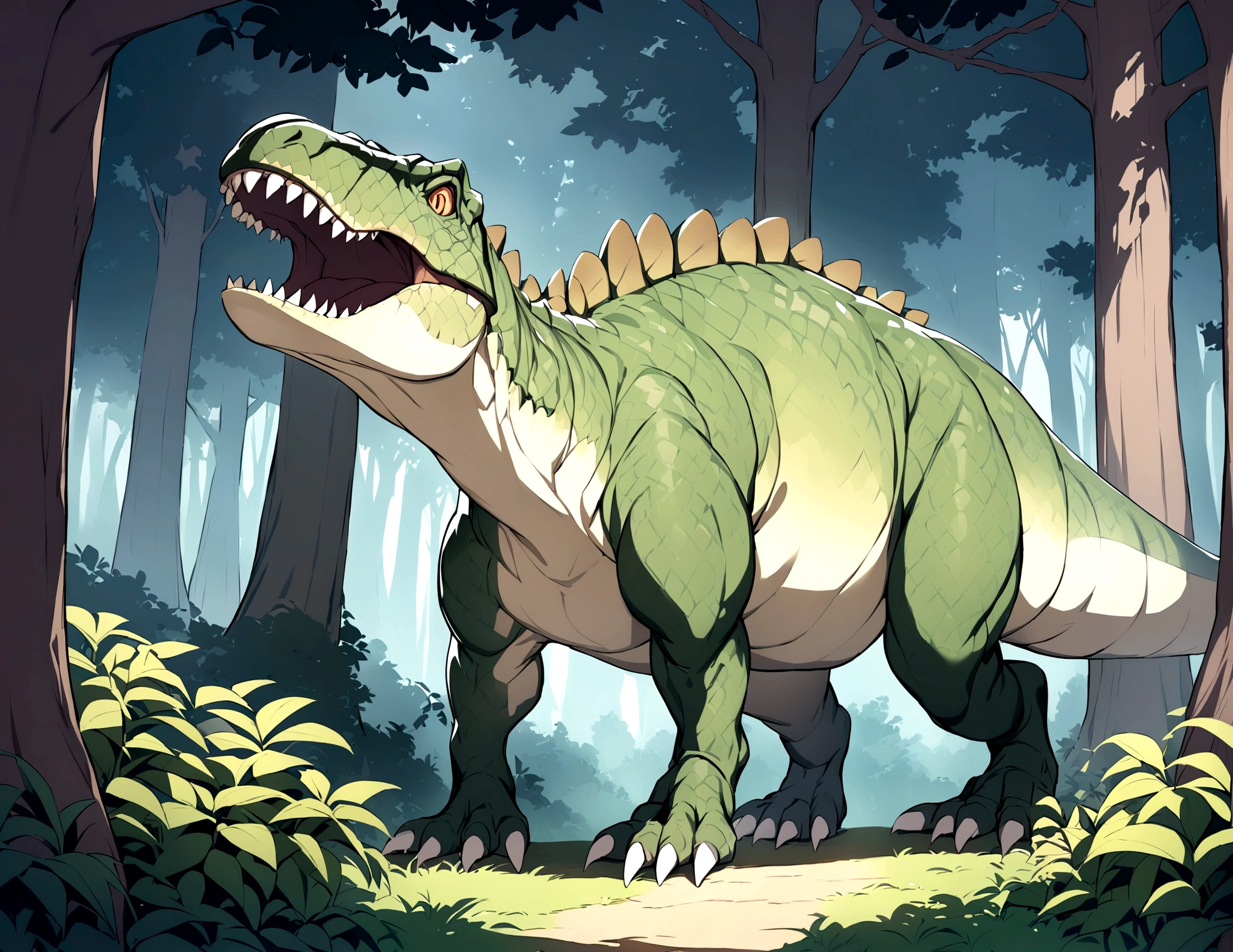 A tyrannosaurus dinosaur lurking in the forest