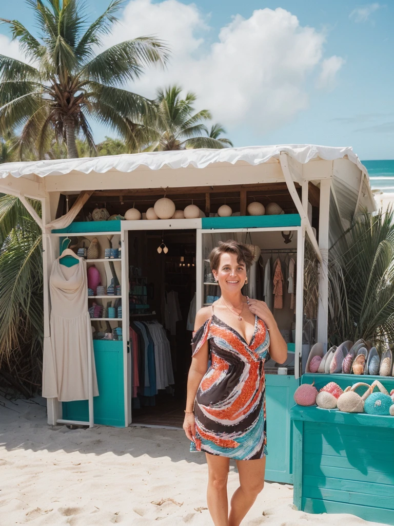 1 girl, photorealistic, realistic, her name is Elise, middle age, a 45-year-old woman with gray hair, body of 45-year-old woman, wrinkles on her face and body, Alpine woman, ((dark brown hair, short hair))), smiling, (((she is standing seductively standing outside a charming souvenir shop near the beach, The backdrop features the souvenir shop’s colorful display of beach-themed trinkets and local crafts, with palm trees swaying in the gentle sea breeze. The sound of waves crashing nearby adds to the ambiance, creating a picture-perfect moment of coastal charm and casual elegance. ))), (((dynamic pose))), (((she is wearing a sexy mini dress crafted from lightweight fabric that drapes elegantly over the silhouette. The cowl neck adds a touch of sophistication, gently folding at the neckline and drawing attention to the collarbones. The print itself features an abstract design reminiscent of brush strokes and splashes of vibrant colors—perhaps hues of pick or red. This artistic pattern gives the dress a dynamic and playful appeal, perfect for a fashion-forward look)))