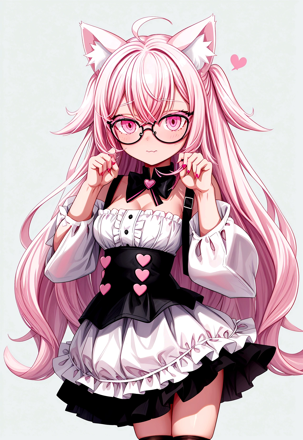 I have white pink hair, cat ears, A good, my face is super red, black glasses, pink heart eyes, a brazil, a skirt that has black straps, black stockings, White shoes, a cat tail, a very shy girl