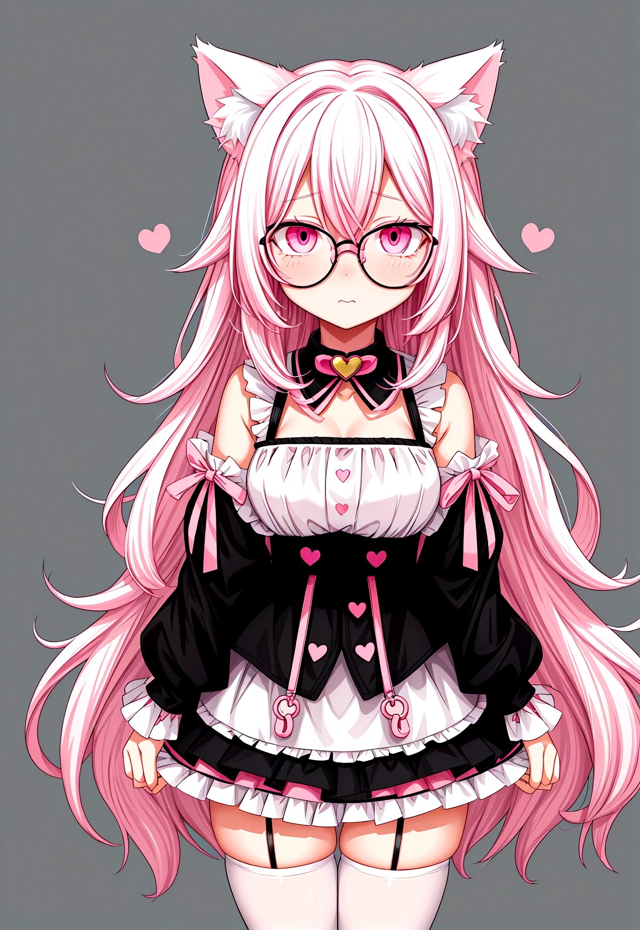 I have white pink hair, cat ears, A good, my face is super red, black glasses, pink heart eyes, a brazil, a skirt that has black straps, black stockings, White shoes, a cat tail, a very shy girl