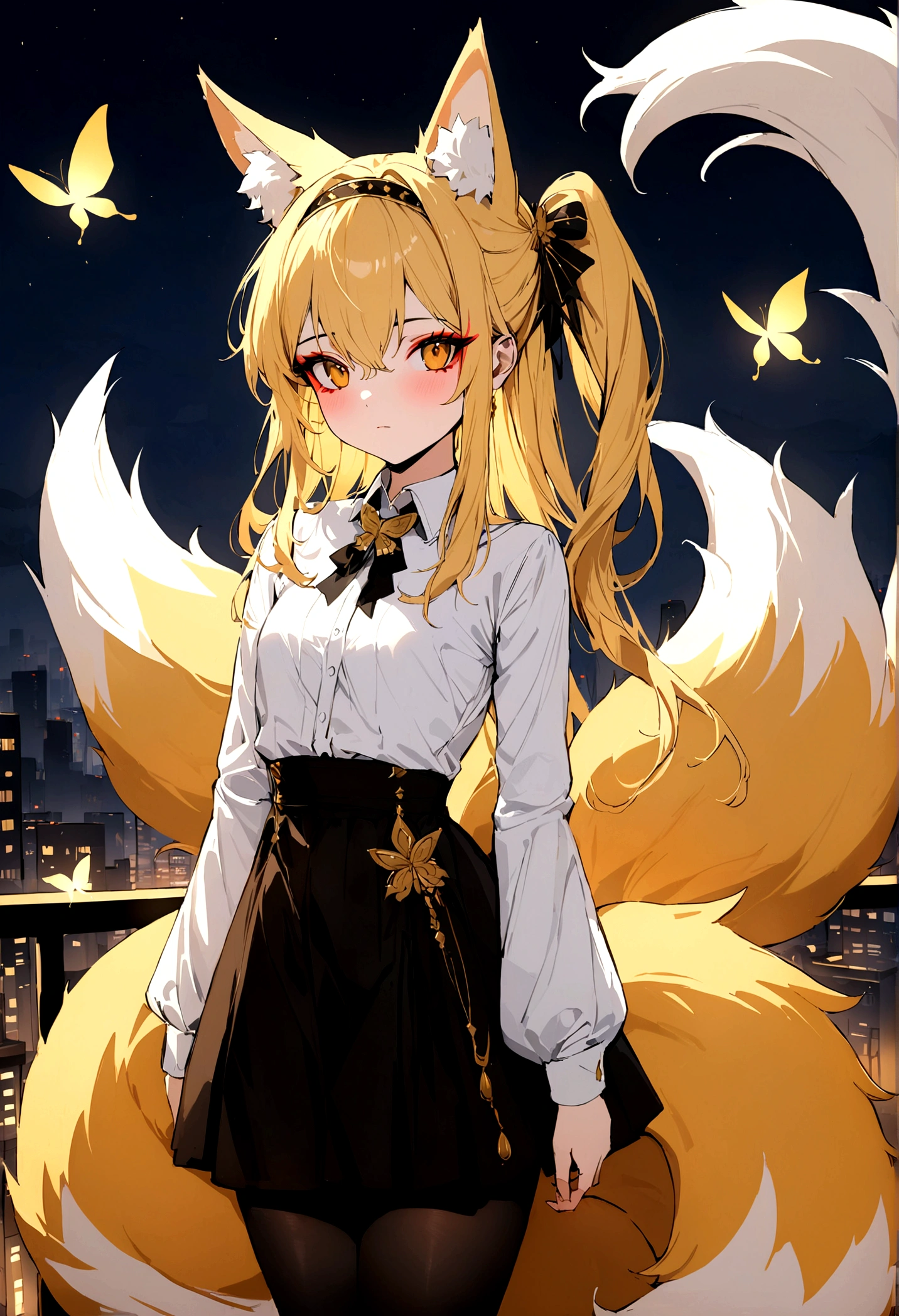 (masterpiece, best quality) junior,detailed, (beautiful,small breasts),Wearing black tights, blonde ,long hair, side ponytail(gold butterfly hairband), elegant, (fox ears),nine tailed fox tail, red eyeshadow, golden eyes, femur，漏出femur，white shirt, seoktao art style, city background,night