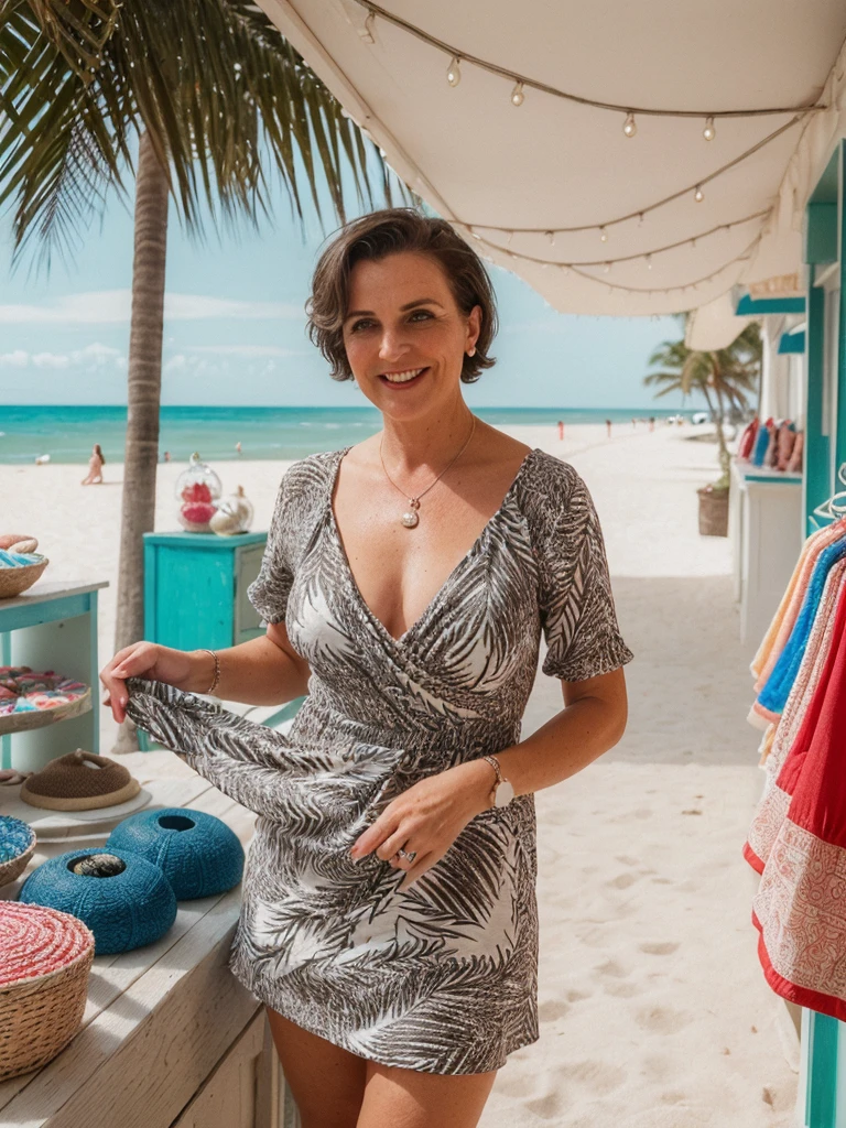 1 girl, photorealistic, realistic, her name is Elise, middle age, a 45-year-old woman with gray hair, body of 45-year-old woman, wrinkles on her face and body, Alpine woman, ((dark brown hair, short hair))), smiling, (((she is standing seductively standing outside a charming souvenir shop near the beach, The backdrop features the souvenir shop’s colorful display of beach-themed trinkets and local crafts, with palm trees swaying in the gentle sea breeze. The sound of waves crashing nearby adds to the ambiance, creating a picture-perfect moment of coastal charm and casual elegance. ))), (((dynamic pose))), (((she is wearing a sexy mini dress crafted from lightweight fabric that drapes elegantly over the silhouette. The cowl neck adds a touch of sophistication, gently folding at the neckline and drawing attention to the collarbones. The print itself features an abstract design reminiscent of brush strokes and splashes of vibrant colors—perhaps hues of pick or red. This artistic pattern gives the dress a dynamic and playful appeal, perfect for a fashion-forward look)))