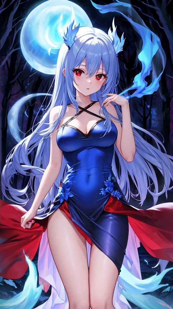 (a tensei shitara slime anime character) Rimuru Tempest, with prominent and piercing eyes of a (((scarlet red))), which exude an aura of cold determination and a sharp intelligence, The hair is a light celestial blue, flowing and smooth, framing a face with delicate features and a neutral mouth, without a trace of a smile, reflecting an unshakable personality and an indomitable spirit, The white hood that covers the character's head adds a touch of mystery and nobility, complementing his enigmatic and powerful presence, full body character, in the forest, white skin