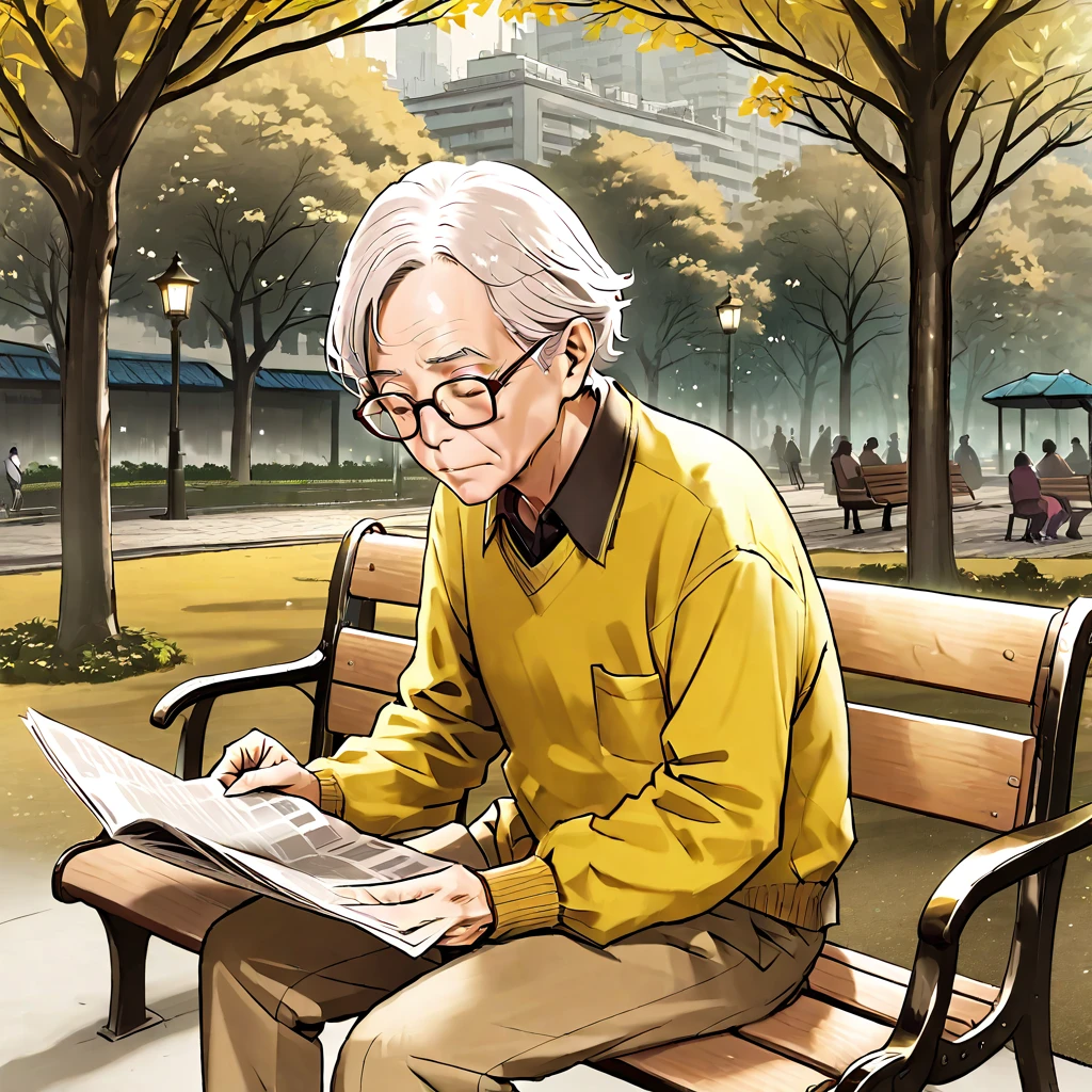 An elderly man wearing glasses，A lot of wrinkles on the face，White hair，Wearing a yellow shirt，Sitting on a park bench reading a newspaper。Line drawing style，Suspenseful dark style。