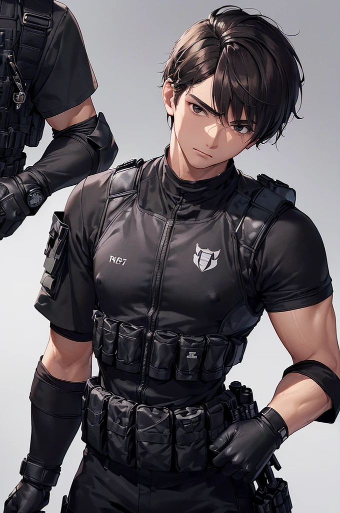 (((masterpiece; best quality: 1.2))), (finely detailed eyes: 1.3), (25 year old man), (solo), (black eyes: 1.4), (body; muscular, fit, masculine: 1.3), (short brown hair: 1.3), (beautiful and clear background: 1.2), ((depth of field)), (equipment: spec ops full black tactical combat-ready gear + tactical long-sleeve shirt + kevlar vest + black gloves + black baseball cap + pouches: 1.3), (anime illustration: 1.2), (background composition; military base office: 1.1), (extremely fine and handsome: 1.1), (shot composition; standing + centered on torso + close-up: 1.5), (expression; calm, stoic: 1.2)