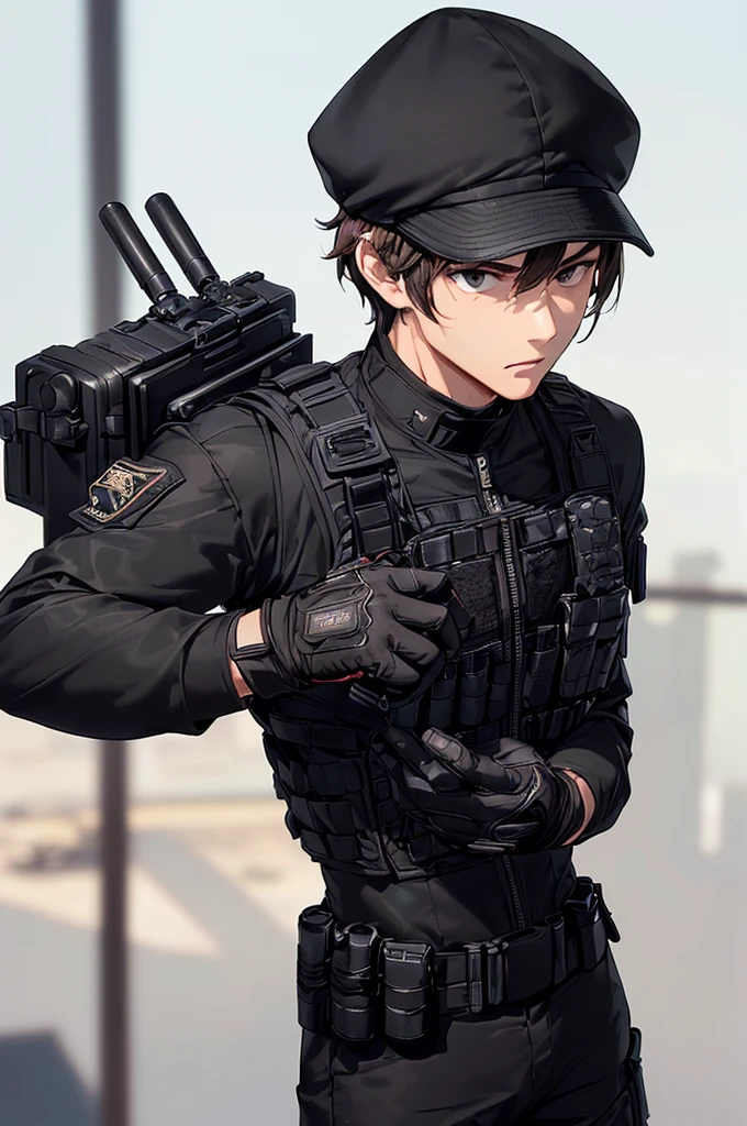 (((masterpiece; best quality: 1.2))), (finely detailed eyes: 1.3), (25 year old man), (solo), (black eyes: 1.4), (body; muscular, fit, masculine: 1.3), (short brown hair: 1.3), (beautiful and clear background: 1.2), ((depth of field)), (equipment: spec ops full black tactical combat-ready gear + tactical long-sleeve shirt + kevlar vest + black gloves + black baseball cap + pouches: 1.3), (anime illustration: 1.2), (background composition; military base office: 1.1), (extremely fine and handsome: 1.1), (shot composition; standing + centered on torso + close-up: 1.5), (expression; calm, stoic: 1.2)