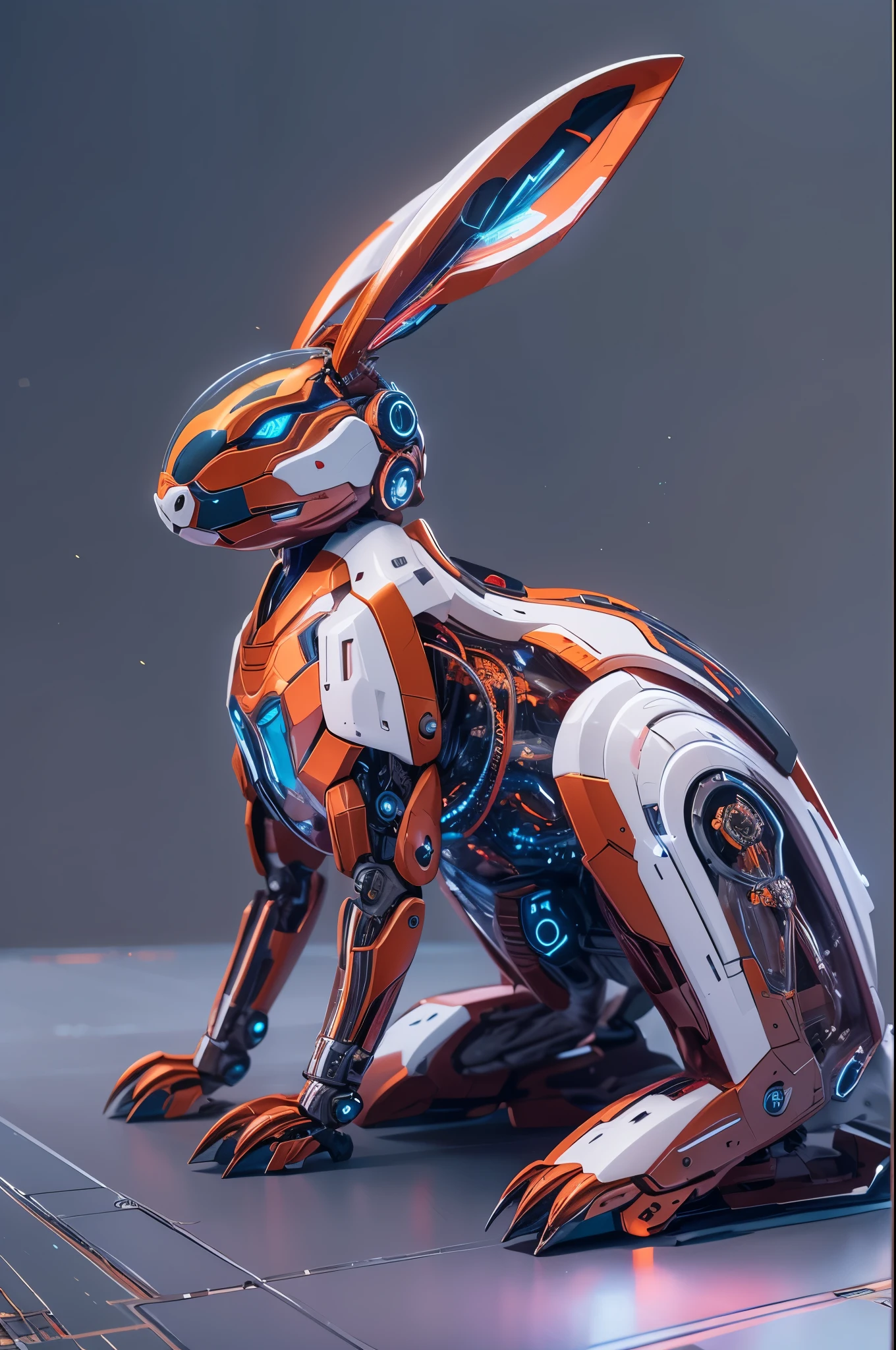 an animal-type cyber-style robotic rabbit: "Imagine an animal-type cyber-style robotic rabbit with a sleek, red and 
white metallic body that gleams with a pristine sheen. From within its powerful frame, a radiant, mesmerizing blue 
light emanates, creating a captivating spectacle. This blue light serves as a powerful and striking contrast against 
the rabbit's black metallic exterior, accentuating its cybernetic features and exuding an aura of futuristic allure. 
The rabbit's form embodies both strength and cutting-edge design. Now, create an image that vividly captures the 
essence of this animal-type robotic rabbit, showcasing its futuristic allure and undeniable power. The image should 
transport viewers to a world where technology and nature seamlessly merge, giving rise to this extraordinary 
creation.