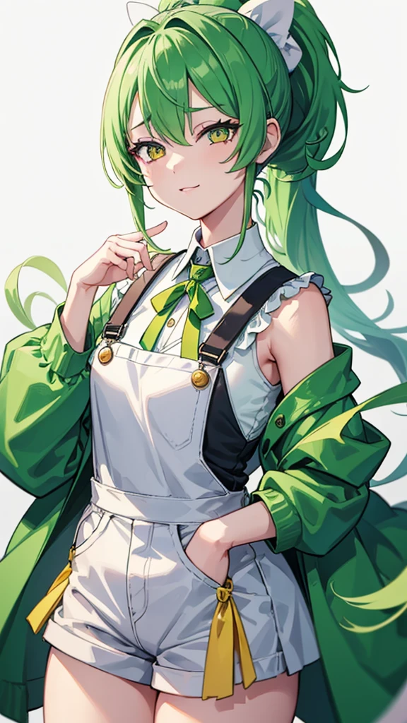 upper body,1girl,green hair,yellow eyes,long ponytail,white suit,green overalls,紫の蝶ネクタイ,detailed face,central framing,mesugaki,hyper detailed,cinematic lighting,best quality,masterpiece,blue background