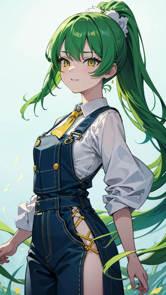 upper body,1girl,green hair,yellow eyes,long ponytail,white suit,green overalls,紫の蝶ネクタイ,detailed face,central framing,mesugaki,hyper detailed,cinematic lighting,best quality,masterpiece,blue background