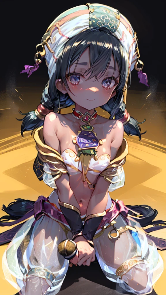 1girl, Angle from the front, The girl bends forward to show off her breasts、(Blade), (Tanned shiny black skin:1.6)、Glowing Eyes, ((grinning with a devilish smile)), ( girl), blondes、Twin tails、forehead、Small breasts, hat, ((((arabian clothes, see-through)), (microphone headband), (Areola Slip), small breasts, (jewelry)))、desert, ((sahara))、((Sit with your legs apart))、M-shaped legs、(股を開く)、