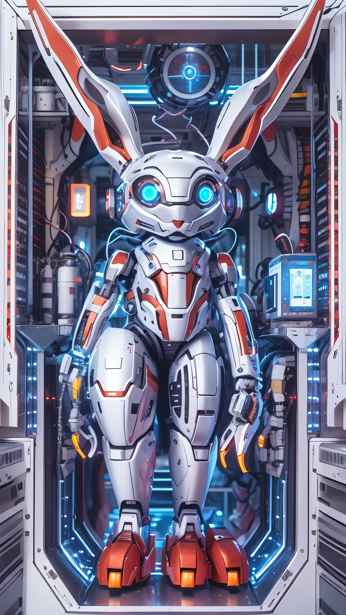 an animal-type cyber-style robotic rabbit: "Imagine an animal-type cyber-style robotic rabbit with a sleek, red and 
white metallic body that gleams with a pristine sheen. From within its powerful frame, a radiant, mesmerizing blue 
light emanates, creating a captivating spectacle. This blue light serves as a powerful and striking contrast against 
the rabbit's black metallic exterior, accentuating its cybernetic features and exuding an aura of futuristic allure. 
The rabbit's form embodies both strength and cutting-edge design. Now, create an image that vividly captures the 
essence of this animal-type robotic rabbit, showcasing its futuristic allure and undeniable power. The image should 
transport viewers to a world where technology and nature seamlessly merge, giving rise to this extraordinary 
creation.