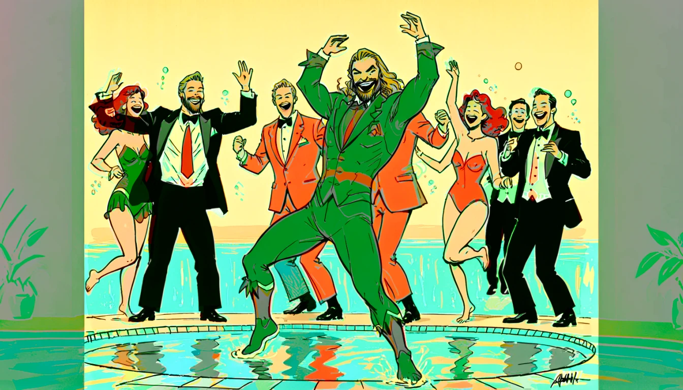 Line drawing, sketch, expressive, ink figure of Aquaman (vintage orange and green suit) dancing at a pool , overjoyed. The style should be simple and minimal. clearly standing in shallow end of pool, everyone is maximal over excited to be at prestigious pool , wide large smiles, cackling, 1990's animated tv show screengrab, uv light rays across face, VHS, glitch, distorted, nostalgia, 90's retro vibes, analog tape, vcr aesthetics, tv, television, comic 1990's, animated tv show screengrab, cinematic poster, image within image, multiple exposure, massive scale, rich color grading for shading depth, hand drawn rotoscope cartoon realism, chiaroscuro lighting, mixed media, vintage comic, retro original design, 1990's comic, sense of movement energy, tropical rot, rewilding, (full roygbiv color) ink charcoal expressive illustration,