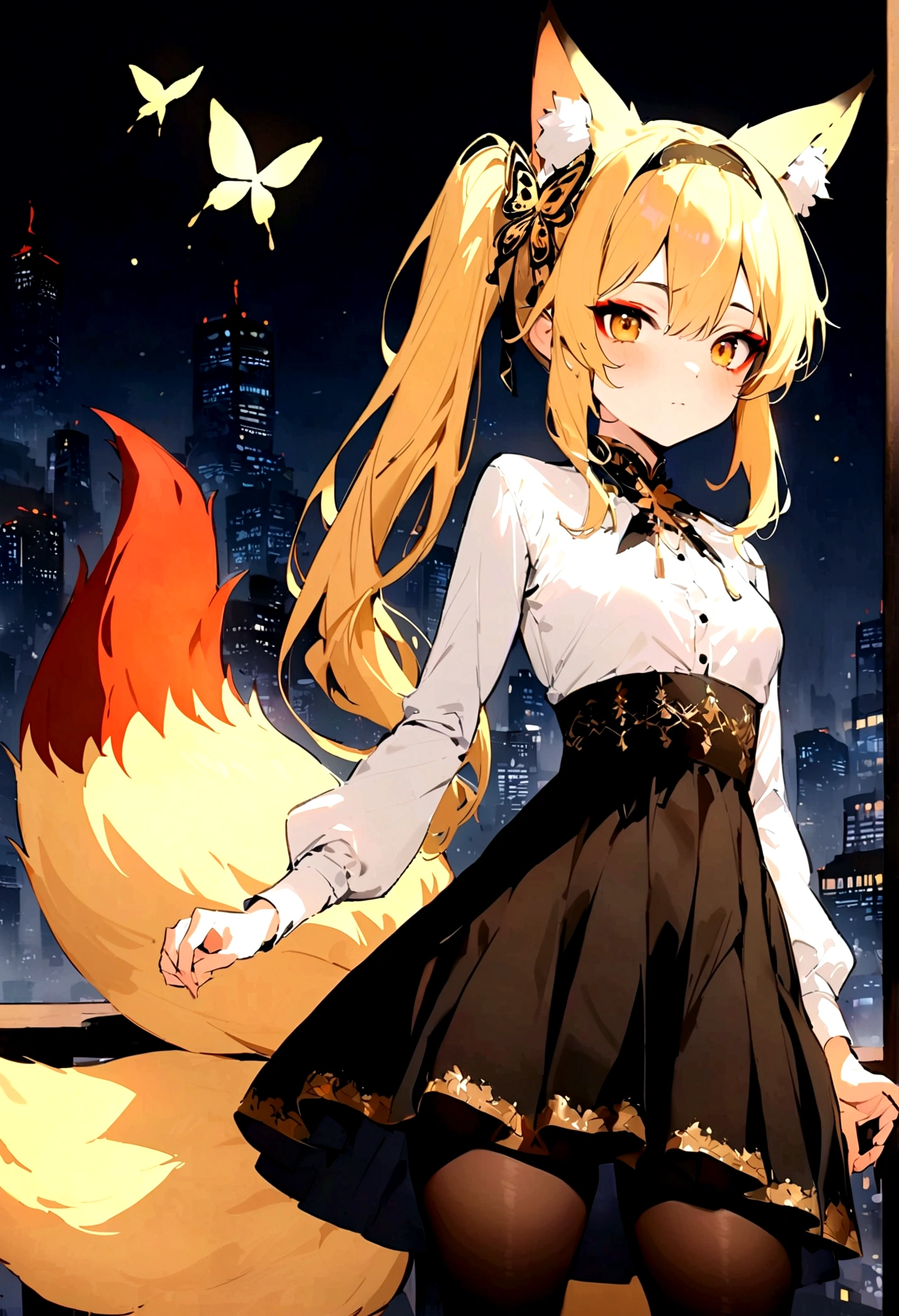 (masterpiece, best quality) junior,detailed, (beautiful,small breasts),Wearing black tights, blonde ,long hair, side ponytail(right_gold butterfly hairband), elegant, (fox ears),nine tailed fox tail, red eyeshadow, golden eyes, femur,漏出femur,white shirt, seoktao art style, city background,night