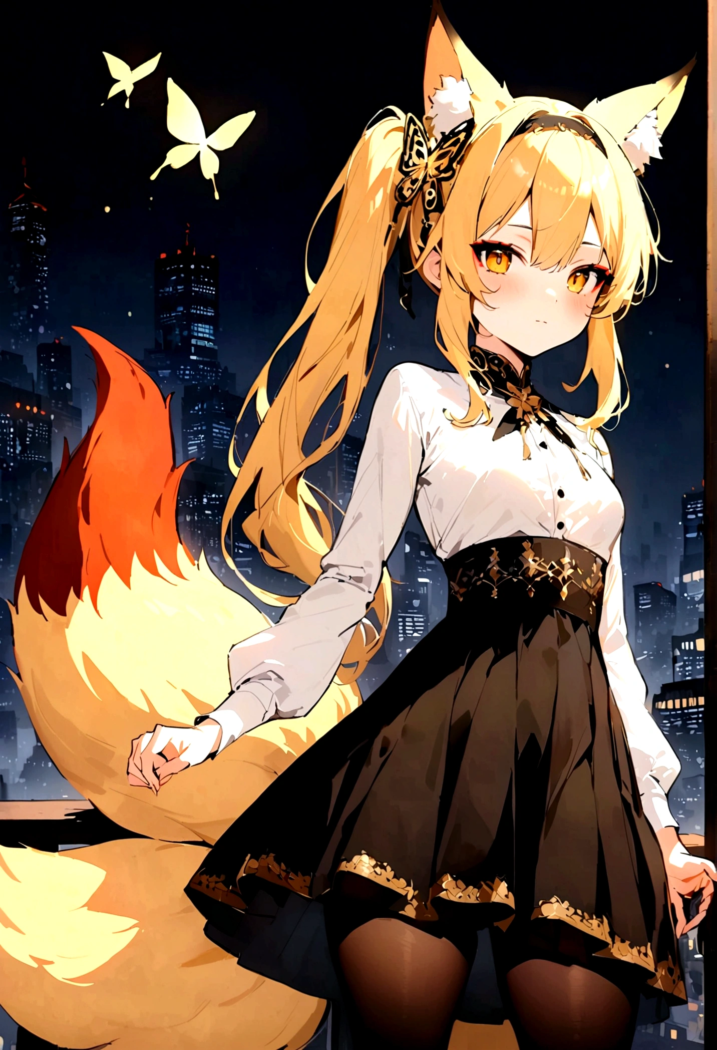 (masterpiece, best quality) junior,detailed, (beautiful,small breasts),Wearing black tights, blonde ,long hair, side ponytail(right_gold butterfly hairband), elegant, (fox ears),nine tailed fox tail, red eyeshadow, golden eyes, femur,漏出femur,white shirt, seoktao art style, city background,night