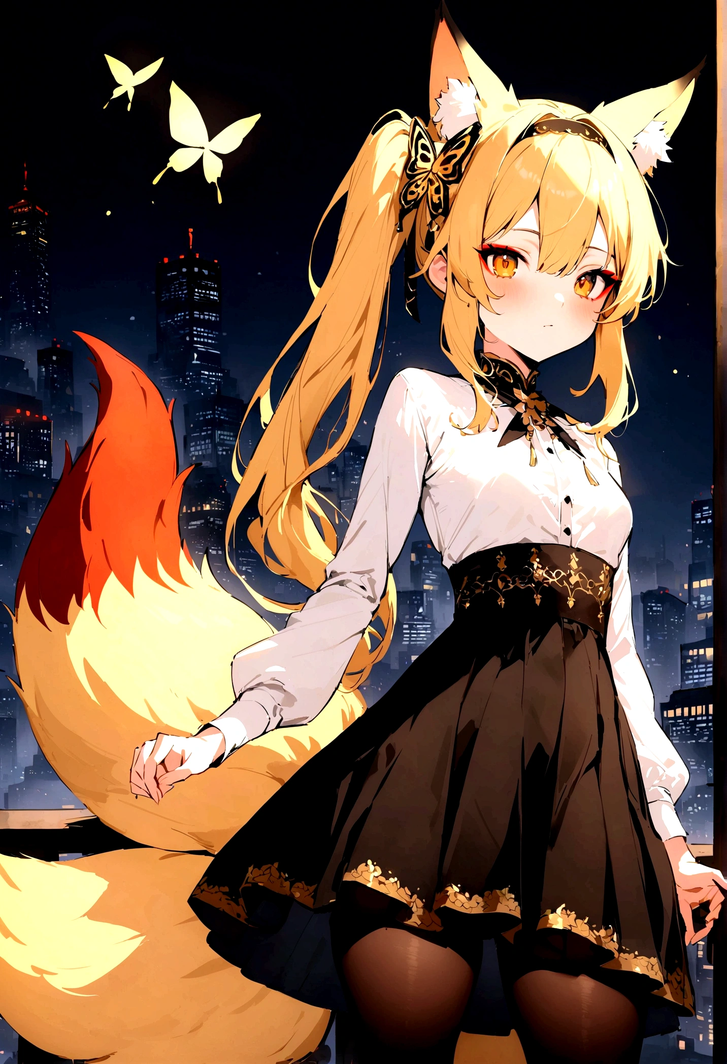 (masterpiece, best quality) junior,detailed, (beautiful,small breasts),Wearing black tights, blonde ,long hair, side ponytail(right_gold butterfly hairband), elegant, (fox ears),nine tailed fox tail, red eyeshadow, golden eyes, femur,漏出femur,white shirt, seoktao art style, city background,night