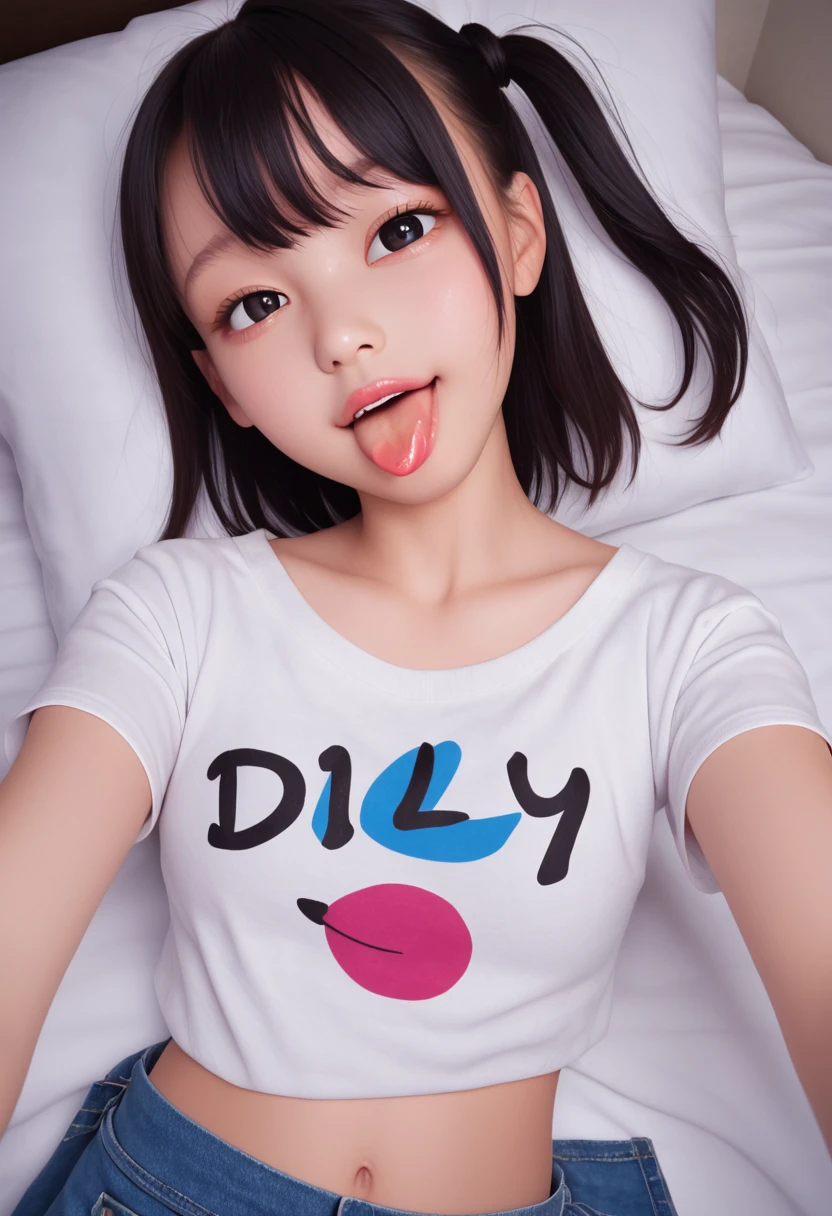 pastel colors colors t-shirt,off-shoulder look,bare shoulder,ollarbone,midriff peek,Denim mini skirt,(open mouth:1.5),(tongue out:2),lying,Selfie,overhead shot,front view,upper body,(1girl,Beautiful 14 year old girl),((Slender,Small breasts,Small face,)),(looking at viewer),Black Hair,bangs,one side up,Beautiful and detailed,(Dimly lit room:1.5),White bed,pillow,Mischievous smile