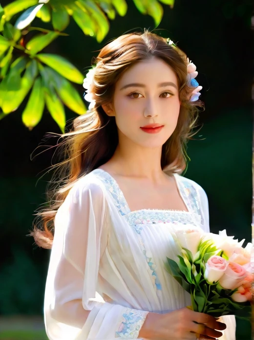 woman with oval face, dark brown wavy hair, wearing a white tunic with delicate iridescent tones, walking in a beautiful flower garden
medium: oil painting
beautiful detailed eyes, beautiful detailed lips, extremely detailed eyes and face, long eyelashes
chestnut brown hair in elaborate curls, styled with a delicate floral hair accessory
elegant and ornate dress in vibrant colors, adorned with delicate lace and embroidery
perfectly manicured hands holding a bouquet of fresh flowers
soft and glowing skin, with a healthy rosy complexion
subtle expression of youthful innocence and curiosity in her eyes
graceful posture and gentle smile, radiating timeless charm
faint sunlight gently filtering through a window, casting a warm glow on her face
impeccable attention to lighting and shading, emphasizing the girl's natural beauty
rich and vibrant color palette, capturing the elegance and opulence of 19th century Munich
subtle brushstrokes and fine details, showcasing the artist's skill and mastery of the medium
(masterpiece:1.2), ultra-detailed, (photorealistic:1.37), HDR, UHD, professional
classic portrait style, reminiscent of the great masters of the era
overall warm and inviting atmosphere, transporting the viewer to a bygone era