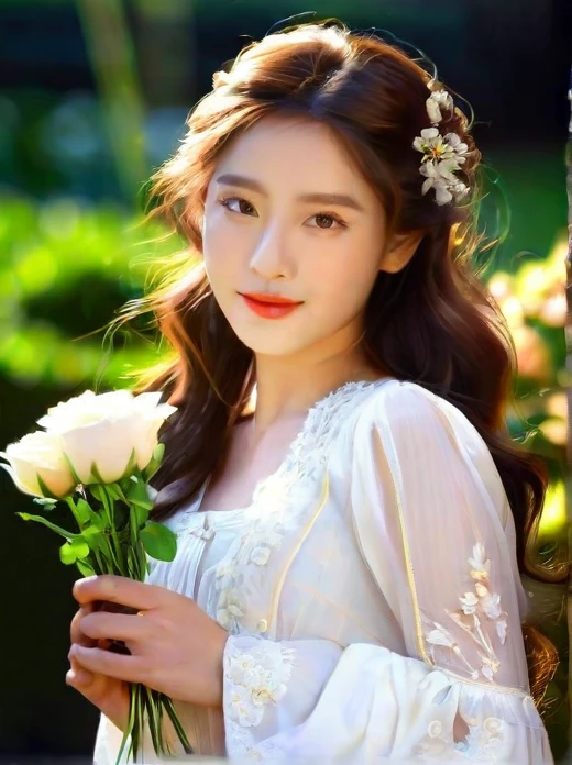 woman with oval face, dark brown wavy hair, wearing a white tunic with delicate iridescent tones, walking in a beautiful flower garden

medium: oil painting
beautiful detailed eyes, beautiful detailed lips, extremely detailed eyes and face, long eyelashes
chestnut brown hair in elaborate curls, styled with a delicate floral hair accessory
elegant and ornate dress in vibrant colors, adorned with delicate lace and embroidery
perfectly manicured hands holding a bouquet of fresh flowers
soft and glowing skin, with a healthy rosy complexion
subtle expression of youthful innocence and curiosity in her eyes
graceful posture and gentle smile, radiating timeless charm
faint sunlight gently filtering through a window, casting a warm glow on her face
impeccable attention to lighting and shading, emphasizing the girl's natural beauty
rich and vibrant color palette, capturing the elegance and opulence of 19th century Munich
subtle brushstrokes and fine details, showcasing the artist's skill and mastery of the medium
(masterpiece:1.2), ultra-detailed, (photorealistic:1.37), HDR, UHD, professional
classic portrait style, reminiscent of the great masters of the era
overall warm and inviting atmosphere, transporting the viewer to a bygone era