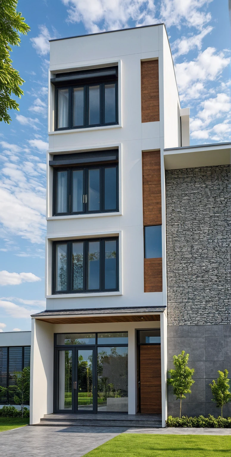 Masterpiece, high quality, best quality, 3d rendering, super detailed, outdoor, two-story villa, aiaigroup, modern house style on the street, stairs, white wall, accent wall Gray stone cladding on the left, road, sidewalk, grass, trees, sky, clouds, (daylight: 1.1)