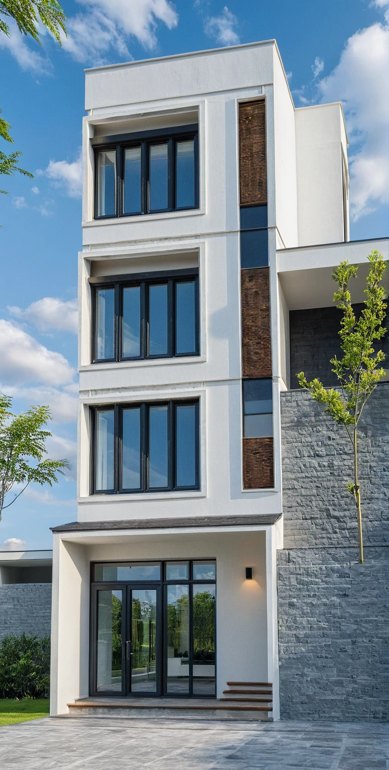 Masterpiece, high quality, best quality, 3d rendering, super detailed, outdoor, two-story villa, aiaigroup, modern house style on the street, stairs, white wall, accent wall Gray stone cladding on the left, road, sidewalk, grass, trees, sky, clouds, (daylight: 1.1)
