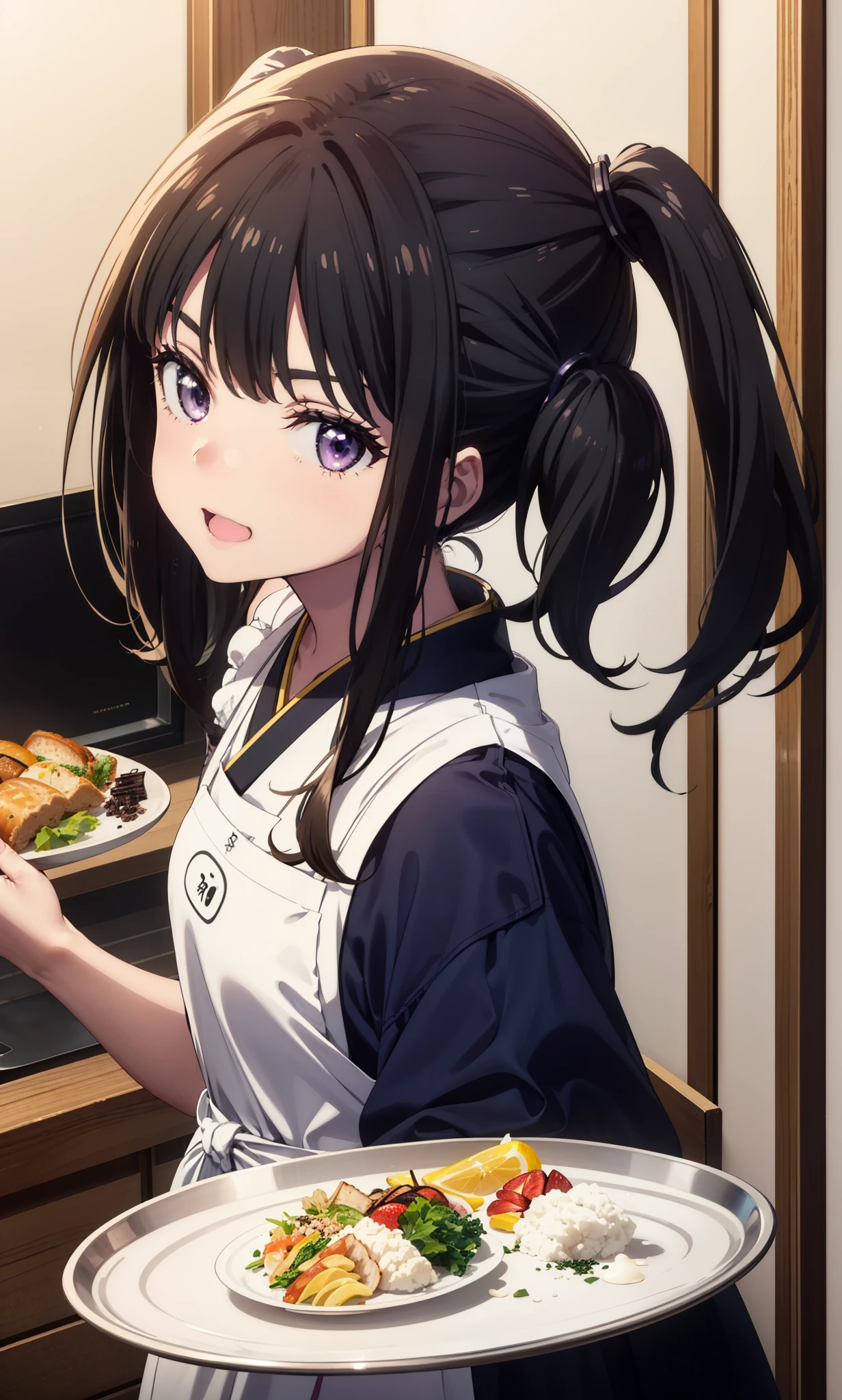 Takiuchikami, Long Hair, bangs, Twin tails, Black Hair, (Purple eyes:1.1),smile,Open your mouth,
break japanese clothes, Blue Kimono, apron, waist apron, waitress,White socks,whole body,So that it can be included in the illustration,food, drink, Table Cleaning, tray, tray in one hand
break indoors, hostel,
break looking at viewer, whole body,
break (masterpiece:1.2), Highest quality, High resolution, unity 8k wallpaper, (figure:0.8), (Beautiful attention to detail:1.6), Highly detailed face, Perfect lighting, Highly detailed CG, (Perfect hands, Perfect Anatomy),