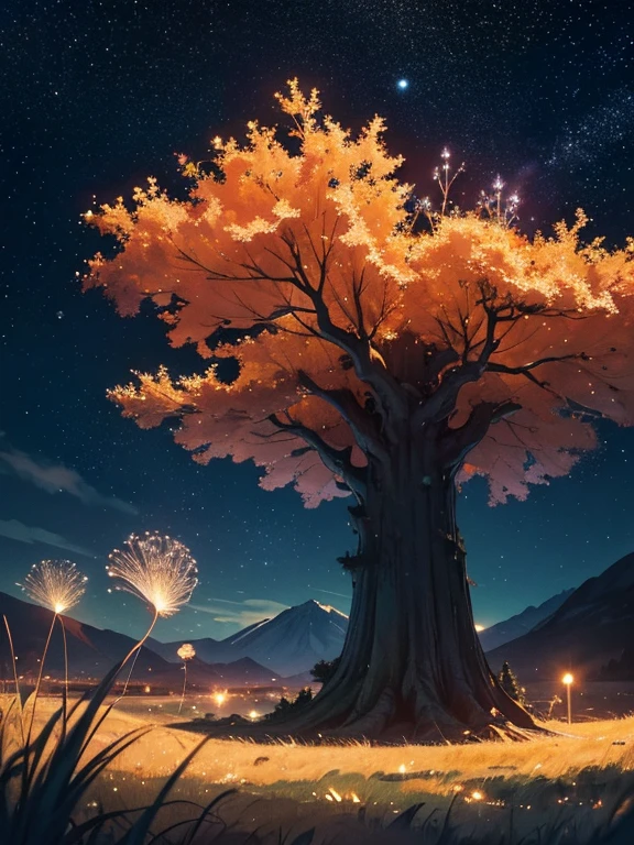 Night. The starry dark sky. Gloomy twisting tubular spiral abstract trees. The trees are illuminated with a golden glow by a drop of crystal. On the sides are floating dentrithy auricular blue spheres. In the distance, a single intricate lenticular mountain. Bright red fluffy grass. Clear shadows. Professional photo. Hyperdetalization, hyperrealistic. @spacemoon