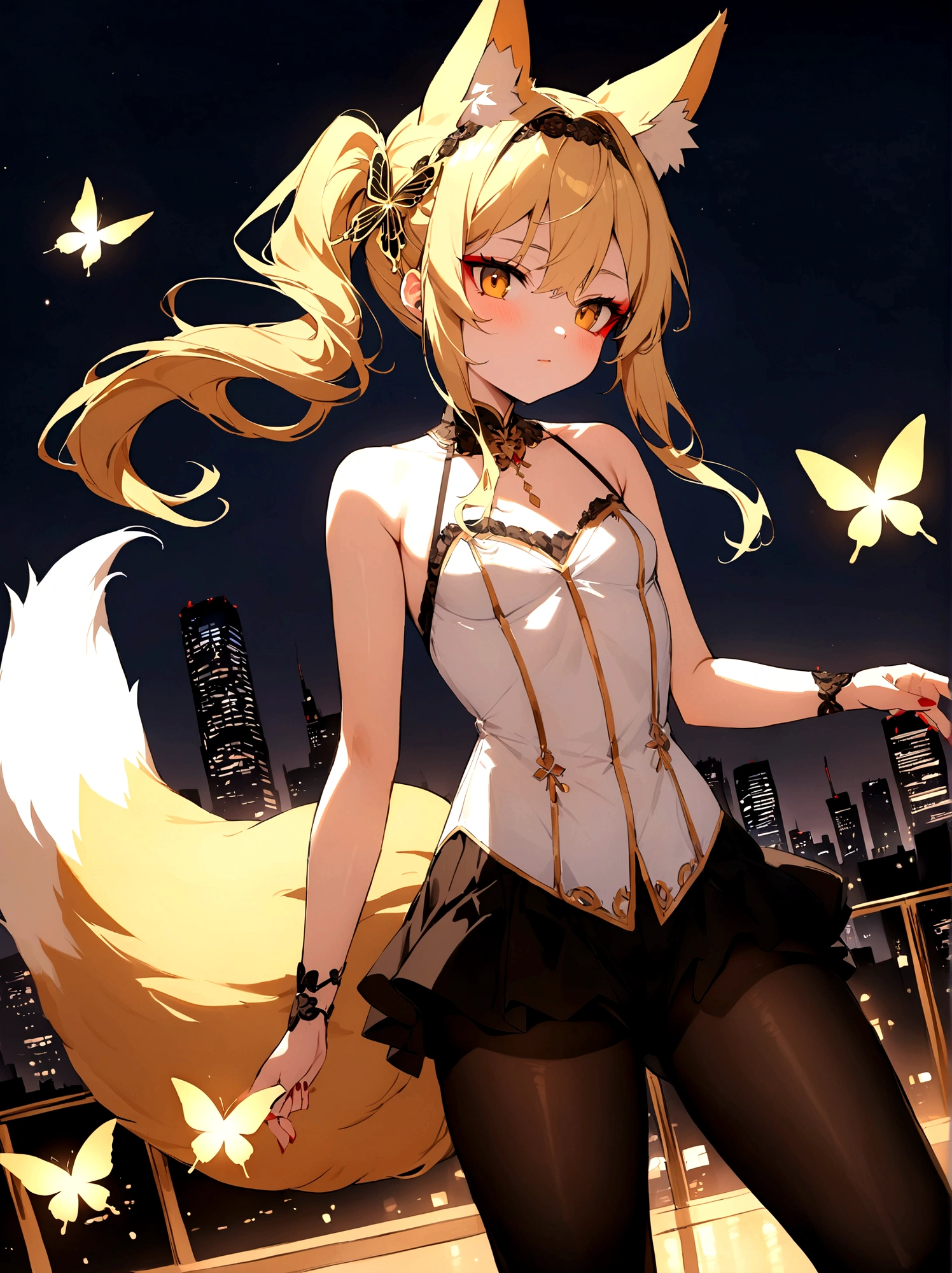 (masterpiece, best quality) junior,detailed, (beautiful,small breasts),Wearing black tights, blonde ,long hair, side ponytail(right_gold butterfly hairband), elegant, (fox ears),nine tailed fox tail, red eyeshadow, golden eyes, femur,漏出femur,white shirt, seoktao art style, city background,night