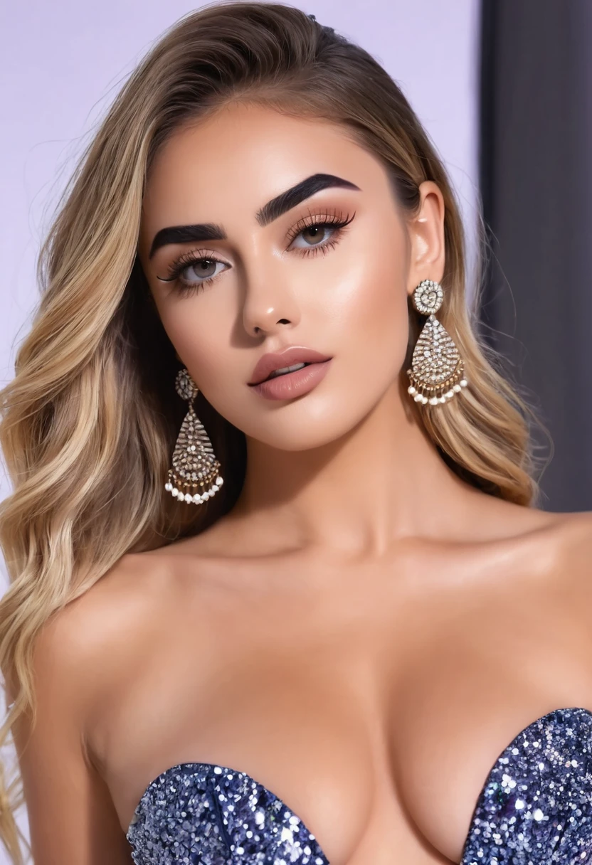 (((high quality:1.2))), work of art, (8k), extremely detailed, ((High detail:1.2)), ((best resolution:1.4)), (HotLexi woman), Solo, (beautiful face :1.4), (24 years:1.5), (strapless crop top, mini-shorts), BREAK, (((triangular and arched eyebrows, small eyes, full and extensive eyelashes, thin and upturned nose, perfect mouth, defined and rectangular face))),