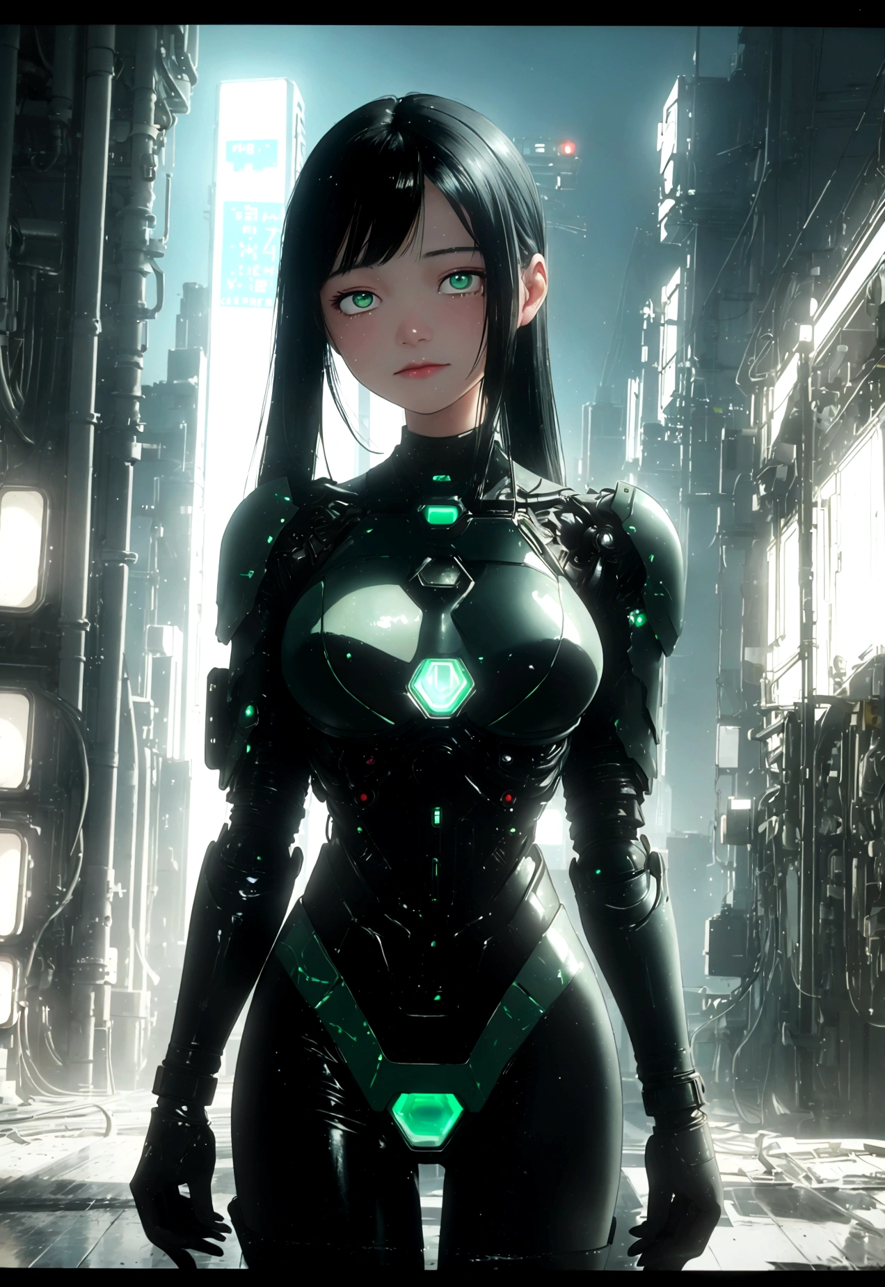 Low - Angle、 Emerald green eyes、Part of the clothing is see-through、Cinematic angles、optical fiber、Connected Cord、Illuminated parts See-through parts、Cyberpunk cityscape, young woman with long black hair wearing an emerald green powered exosuit, standing in a contemplative pose amidst the neon-lit ruins, textured digital art with muted tones and subtle ambient noise, detailed and intricate illustration, dystopian and gritty yet beautiful, a glimmer of hope in the decay,Fish Girl in Sci-fi translucent mechanical bikini ++,The bikini is see-through and sparkly. Full body photo、Focus on the groin, Moist Skin、Beautifully detailed face, Cinematic composition、Unexpected angles、born々New skin texture、Arm hair、Realistic skin texture (1.8), Pore details (1.7), Fine vellus hair (1.7), Micro skin relief (1.6), Natural skin moisture (1.5), Skin translucency (1.6), Soft skin highlights (1.7), Subtle goosebumps (2.5), Subsurface scattering (1.7), Macro skin detail (1.8)cinematic light,(film gain:1.4)|(VHS Video:1.2)(old analog film photography:1.4) Vintage film (1.8), Analog camera (1.5), Film grain (1.4), Light leak (1.2), Soft focus (1.3), Warm tones (0.2), Retro aesthetic (1.7), Lomography (1.3), Nostalgic atmosphere (1.8), Polaroid-style (1.5), Faded colors (1.9), Dreamy look (1.3), Overexposed (1.1), Vignette effect (1.8), Blurred edges (1.4),dusty room,