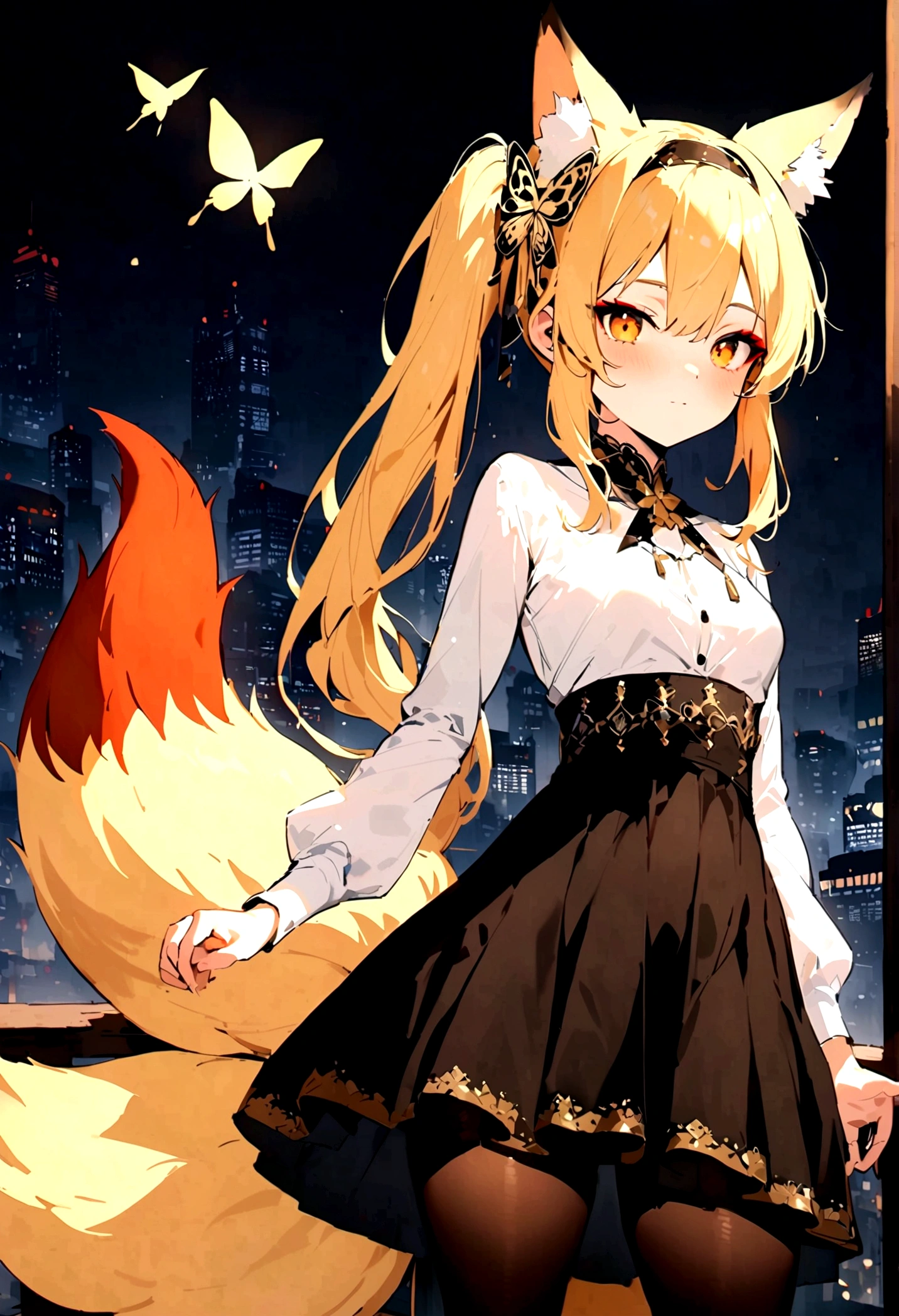 (masterpiece, best quality) junior,detailed, (beautiful,small breasts),Wearing black tights, blonde ,long hair, side ponytail(right_gold butterfly hairband), elegant, (fox ears),nine tailed fox tail, red eyeshadow, golden eyes, femur，漏出femur，white shirt, seoktao art style, city background,night