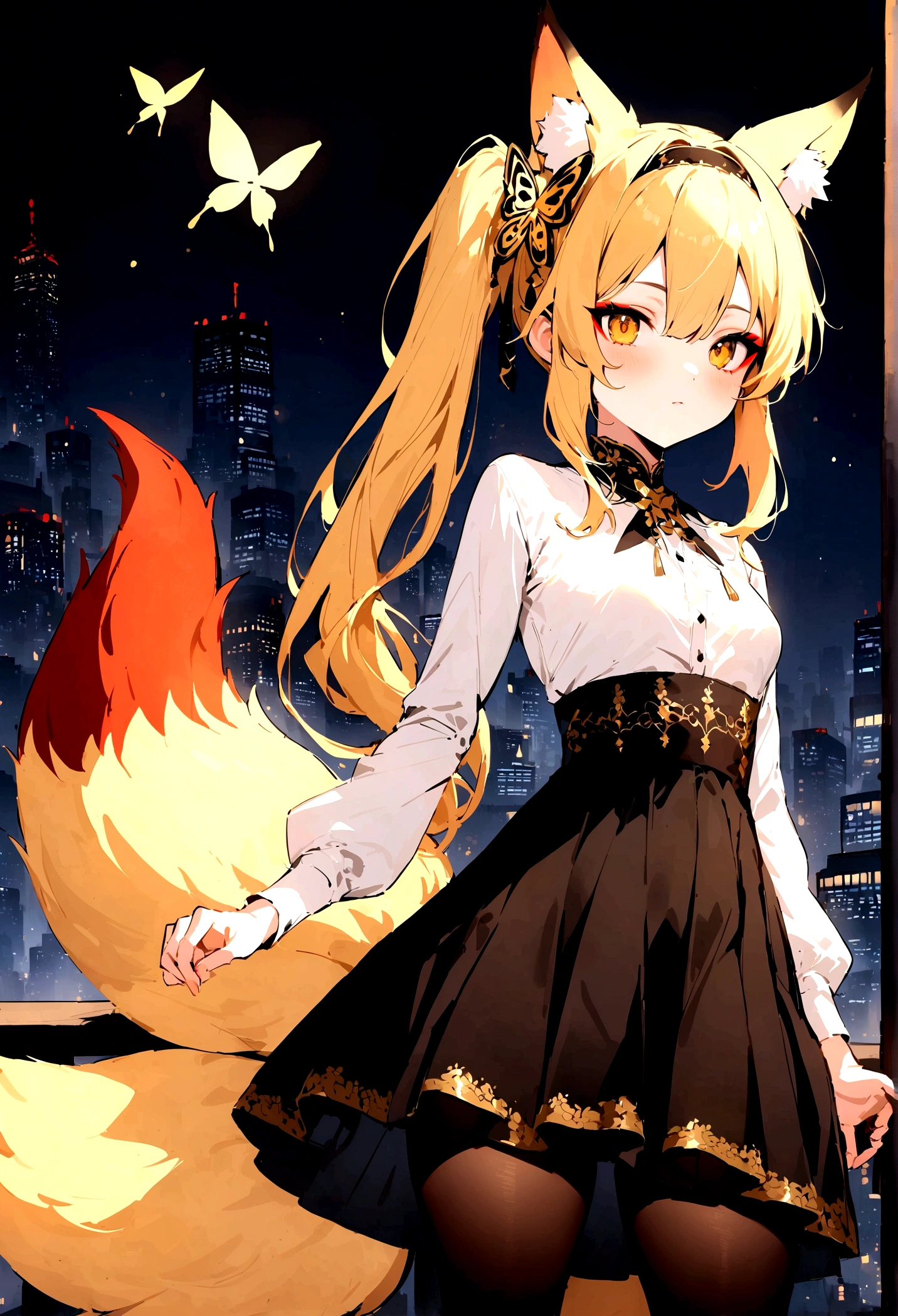 (masterpiece, best quality) junior,detailed, (beautiful,small breasts),Wearing black tights, blonde ,long hair, side ponytail(right_gold butterfly hairband), elegant, (fox ears),nine tailed fox tail, red eyeshadow, golden eyes, femur,漏出femur,white shirt, seoktao art style, city background,night