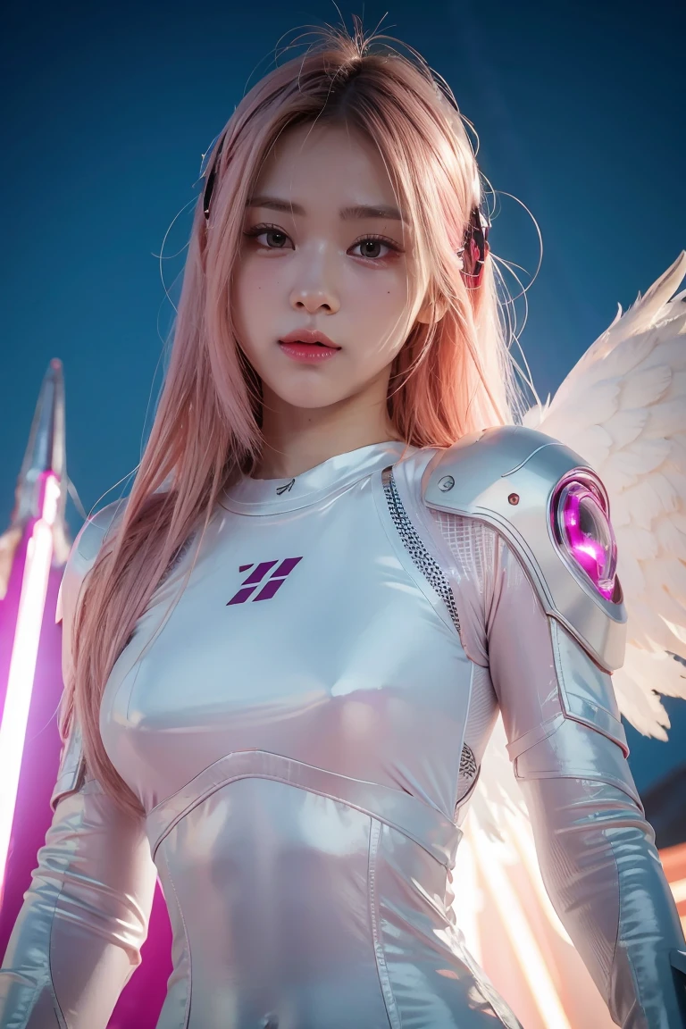 ((masterpiece, best quality, extremely detailed), volumetric lighting, ambient occlusion, colorful, glowing), 1girl, solo, young girl, (pink hair), long hair, halo, aura, sacred, godness, cyber suit, (white outfit:1.3), android, bot, angel wings, outdoors, sunset, sky, clouds, space, (Cyberpunk theme:1.2),