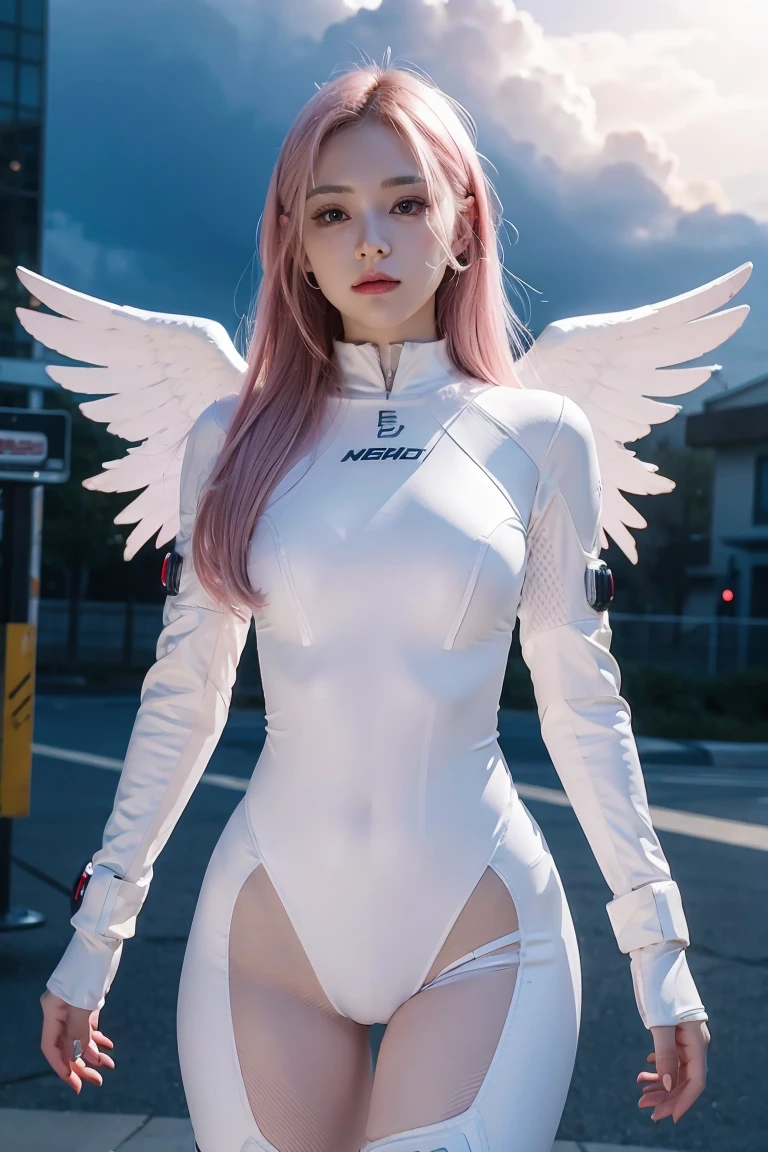 ((masterpiece, best quality, extremely detailed), volumetric lighting, ambient occlusion, colorful, glowing), 1girl, solo, young girl, (pink hair), long hair, halo, aura, sacred, godness, cyber suit, (white outfit:1.3), android, bot, angel wings, outdoors, sunset, sky, clouds, space, (Cyberpunk theme:1.2),