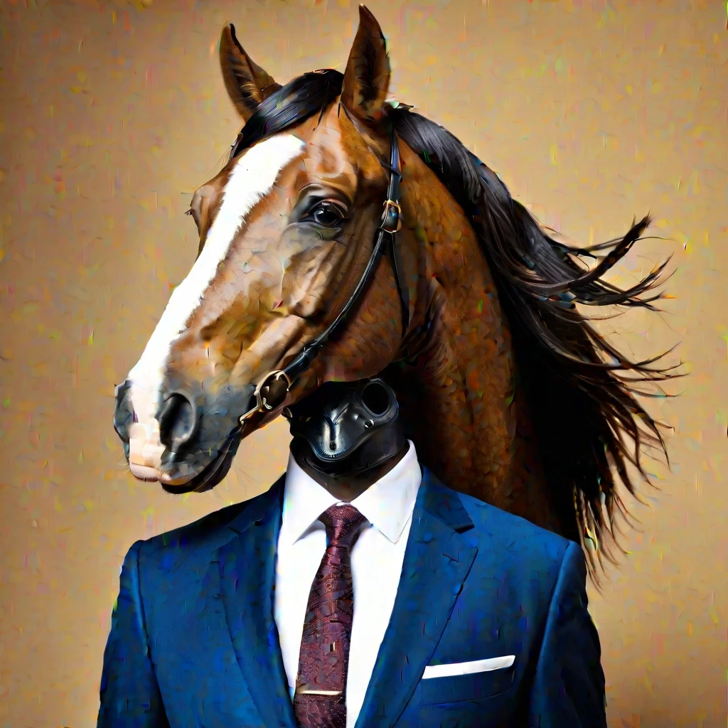 A man in a suit with a horse's head is at...