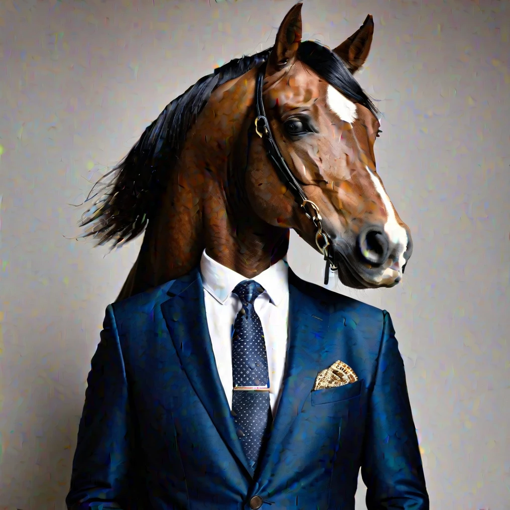 A man in a suit with a horse's head is at...