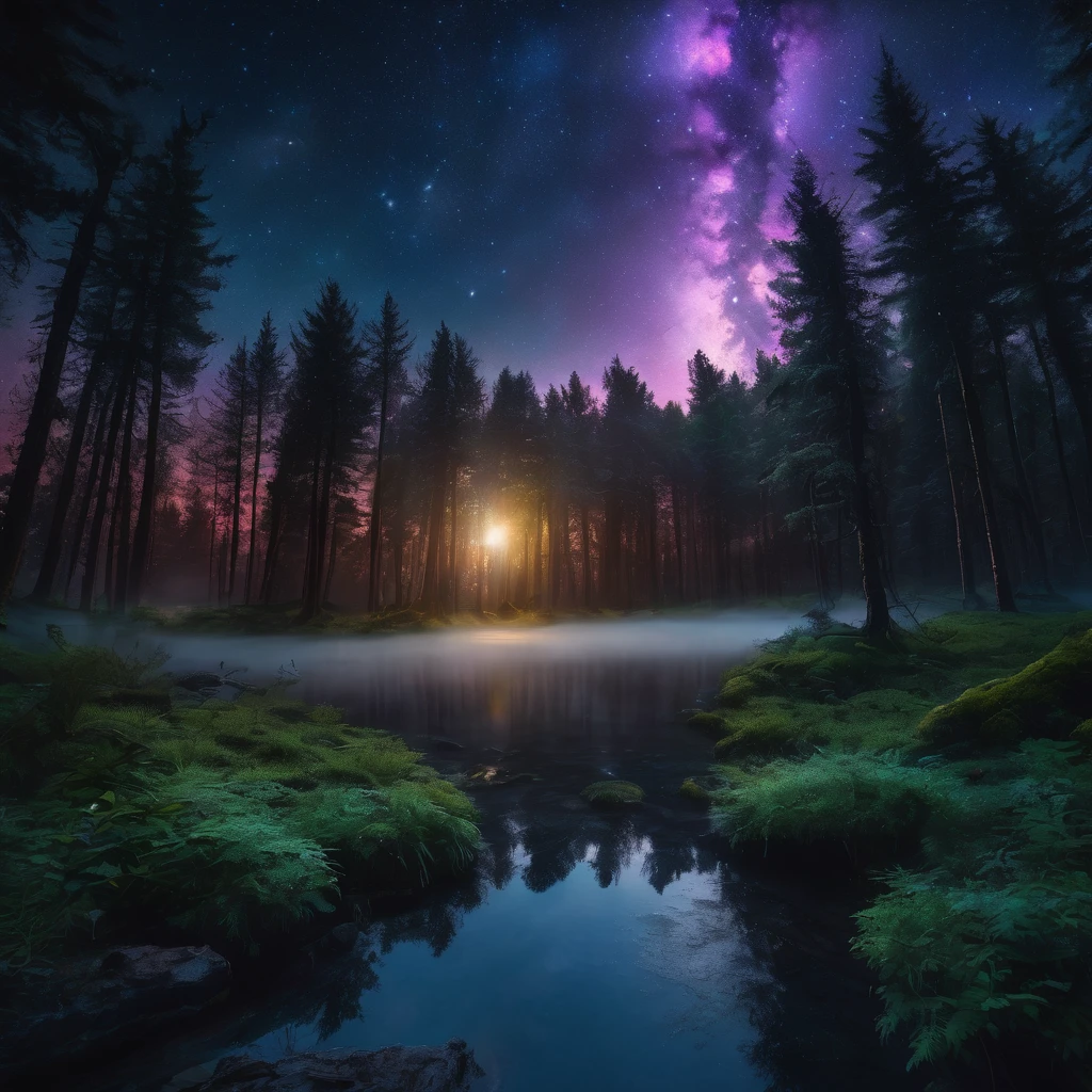 detailed fantasy night sky, full moon, milky way galaxy, dark forest, dramatic lighting, glowing stars, cinematic composition, ethereal mood, atmospheric, mystical, otherworldly, 8k, high resolution, detailed, photorealistic, dramatic lighting, fantasy art, concept art, dramatic lighting, vibrant colors, deep shadows, moody, magical