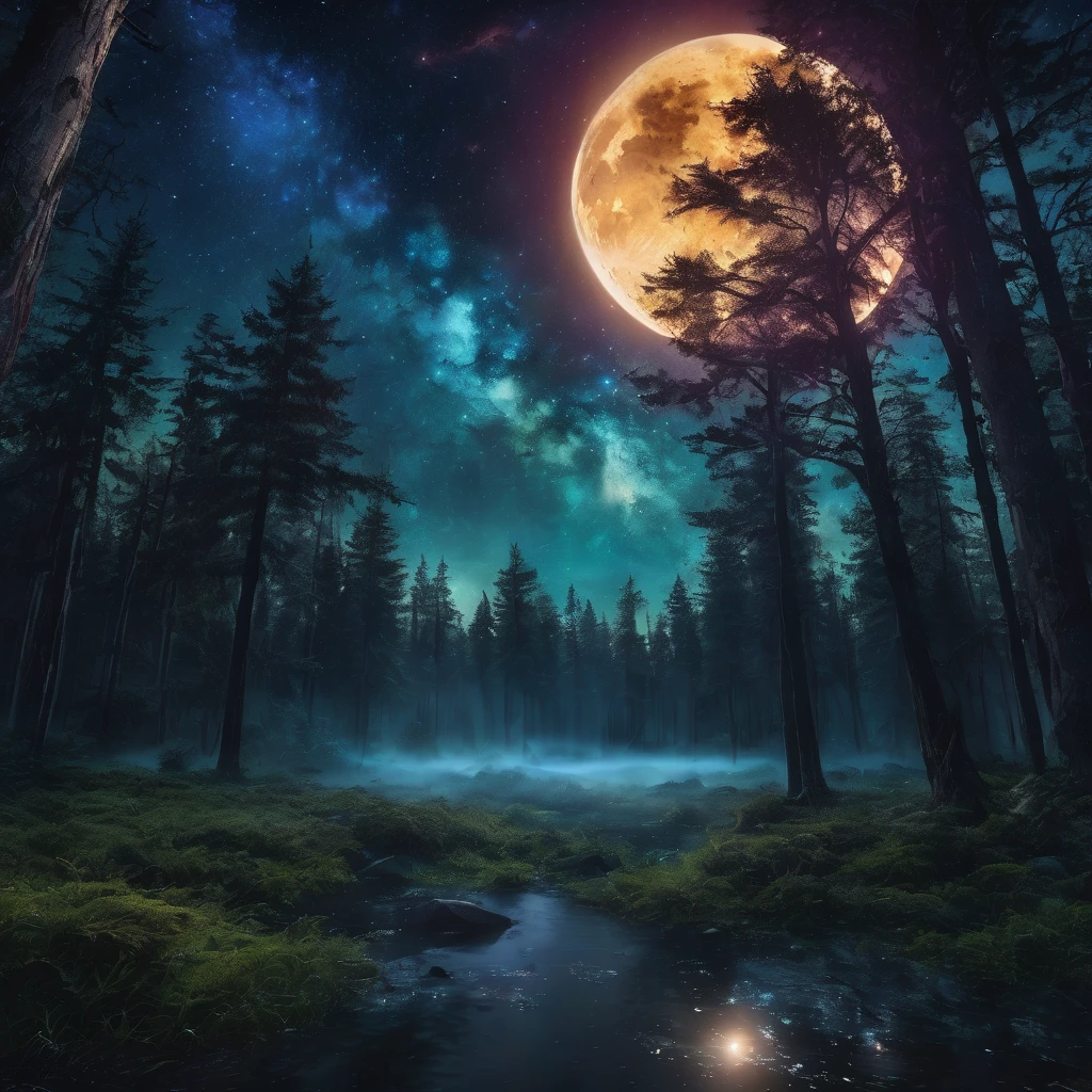 detailed fantasy night sky, full moon, milky way galaxy, dark forest, dramatic lighting, glowing stars, cinematic composition, ethereal mood, atmospheric, mystical, otherworldly, 8k, high resolution, detailed, photorealistic, dramatic lighting, fantasy art, concept art, dramatic lighting, vibrant colors, deep shadows, moody, magical