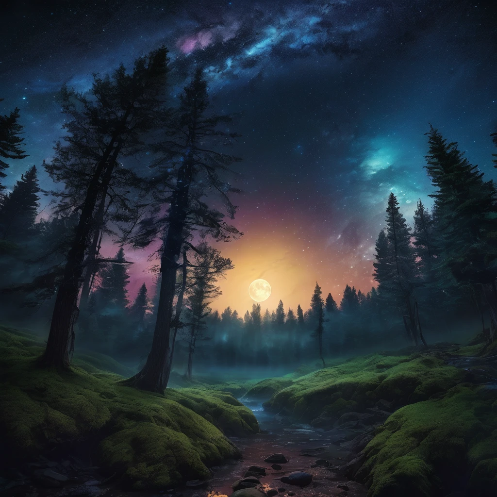 detailed fantasy night sky, full moon, milky way galaxy, dark forest, dramatic lighting, glowing stars, cinematic composition, ethereal mood, atmospheric, mystical, otherworldly, 8k, high resolution, detailed, photorealistic, dramatic lighting, fantasy art, concept art, dramatic lighting, vibrant colors, deep shadows, moody, magical