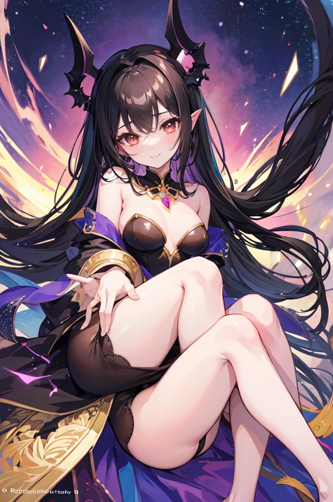 Highest quality Highest quality Draw a face carefully High-definition anime-style face Super Glowing Skin Long black hair Brown leotard Golden pantyhose Succubus lure smile Show the soles of your feet Close up of the soles of the feet