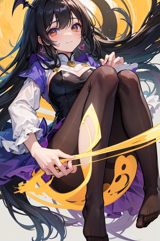Highest quality Highest quality Draw a face carefully High-definition anime-style face Super Glowing Skin Long black hair Brown leotard Golden pantyhose Succubus lure smile Show the soles of your feet Close up of the soles of the feet
