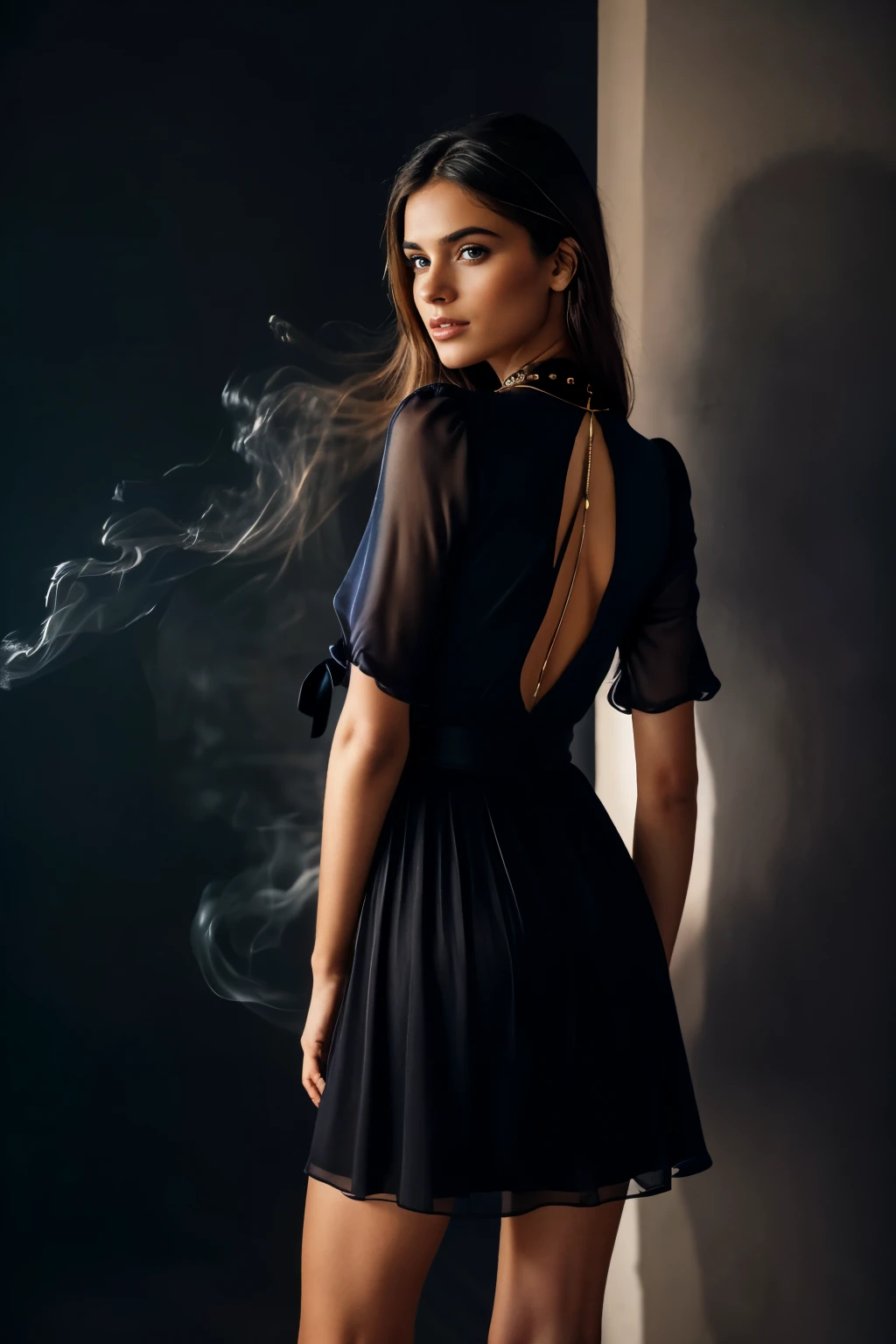 In this photograph, an Indian Instagram female model in her mid-20s takes center stage. , (highly detailed face:1.4) (smile:0.7) (backround 5 star hotel , moody, private study:1.OV, by lee jeffries, nikon d850, film stock photograph ,4 kodak portra 400 ,camera f1.6 lens ,rich colors ,hyper realistic ,lifelike texture, dramatic lighting , cinestill 800, realistic, wearing violet and black combination dobby weave self design fit & flare dress Sweetheart neck Short, puff sleeve Tie-up detail on back Above knee length in flounce hem Attached Lining Chiffon fabric, actress, karla ortiz, posing!!, candid picture, by Max Dauthendey,Completing the aesthetic, the model wears a slave collar with a chain around her neck. The photograph is meticulously captured in 8K resolution using cutting-edge techniques such as Cinema 4D and Octane Render, resulting in a highly detailed and photorealistic image. Studio lighting, HDR, and a smoky mist create a captivating ambiance, while the bokeh effect adds an artistic touch.