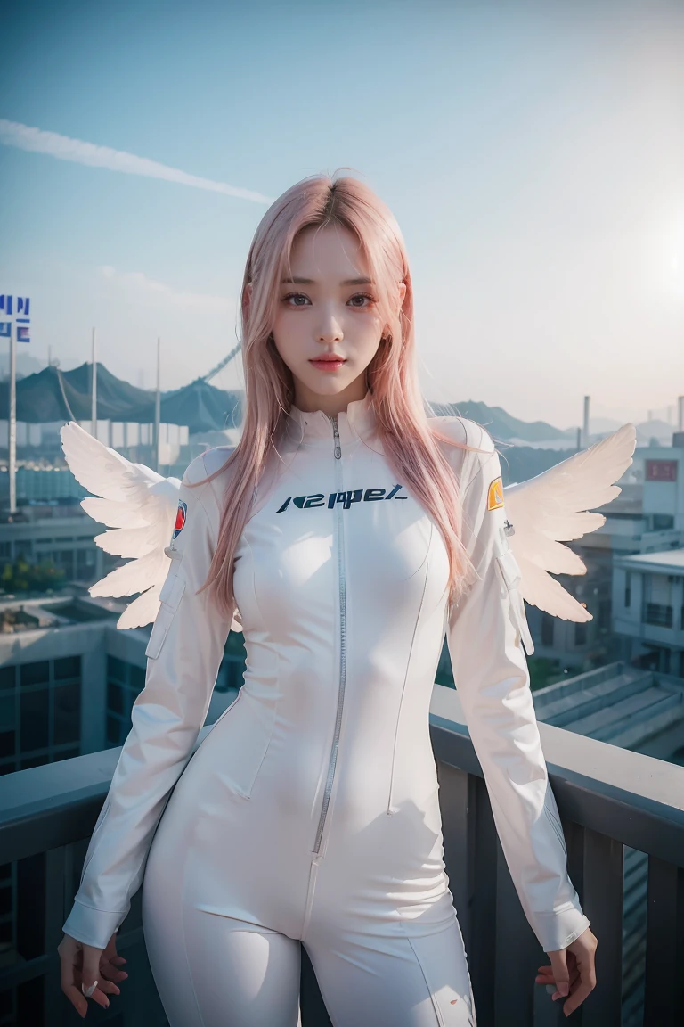 ((masterpiece, best quality, extremely detailed), volumetric lighting, ambient occlusion, colorful, glowing), 1girl, solo, young girl, (pink hair), long hair, halo, aura, sacred, godness, cyber suit, (white outfit:1.3), android, bot, angel wings, outdoors, sunset, sky, clouds, space, (cyberpunk theme:1.2), (((Korea:1.5)))