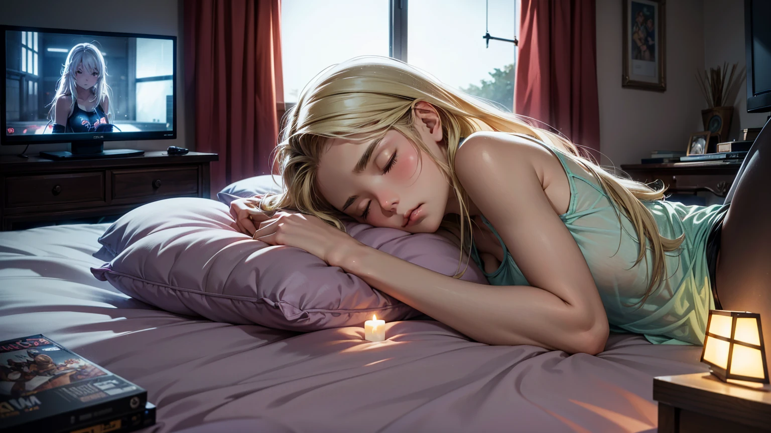 Create a high-quality, detailed image of a beautiful anime girl asleep on her bed. She is wearing a see-through tank top and sexy sleep shorts, highlighting her relaxed and peaceful state. She has long blonde hair that cascades over her pillow and bed. The setting is a nerdy room filled with various geeky and gaming paraphernalia, including posters, action figures, and gaming consoles.
The room is softly lit by the glow of a TV in the background, which is turned on, casting a gentle, ambient light. Outside the window, it is clearly nighttime, with a dark sky and faint moonlight filtering in. The overall scene should exude a serene, cozy atmosphere, capturing the quiet, intimate moment of the girl asleep in her nerdy sanctuary.