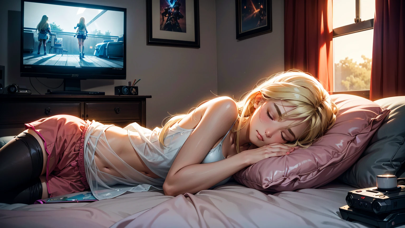 Create a high-quality, detailed image of a beautiful anime girl asleep on her bed. She is wearing a see-through tank top and sexy sleep shorts, highlighting her relaxed and peaceful state. She has long blonde hair that cascades over her pillow and bed. The setting is a nerdy room filled with various geeky and gaming paraphernalia, including posters, action figures, and gaming consoles.
The room is softly lit by the glow of a TV in the background, which is turned on, casting a gentle, ambient light. Outside the window, it is clearly nighttime, with a dark sky and faint moonlight filtering in. The overall scene should exude a serene, cozy atmosphere, capturing the quiet, intimate moment of the girl asleep in her nerdy sanctuary.