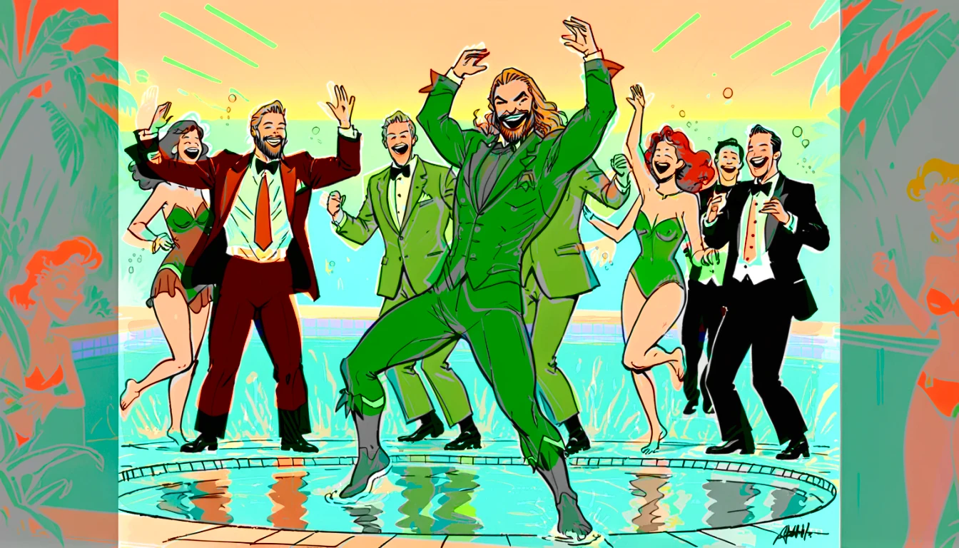Line drawing, sketch, expressive, ink figure of Aquaman (vintage orange and green suit) dancing at a pool , overjoyed. The style should be simple and minimal. clearly standing in shallow end of pool, everyone is maximal over excited to be at prestigious pool , wide large smiles, cackling, 1990's animated tv show screengrab, uv light rays across face, VHS, glitch, distorted, nostalgia, 90's retro vibes, analog tape, vcr aesthetics, tv, television, comic 1990's, animated tv show screengrab, cinematic poster, image within image, multiple exposure, massive scale, rich color grading for shading depth, hand drawn rotoscope cartoon realism, chiaroscuro lighting, mixed media, vintage comic, retro original design, 1990's comic, sense of movement energy, tropical rot, rewilding, (full roygbiv color) ink charcoal expressive illustration,